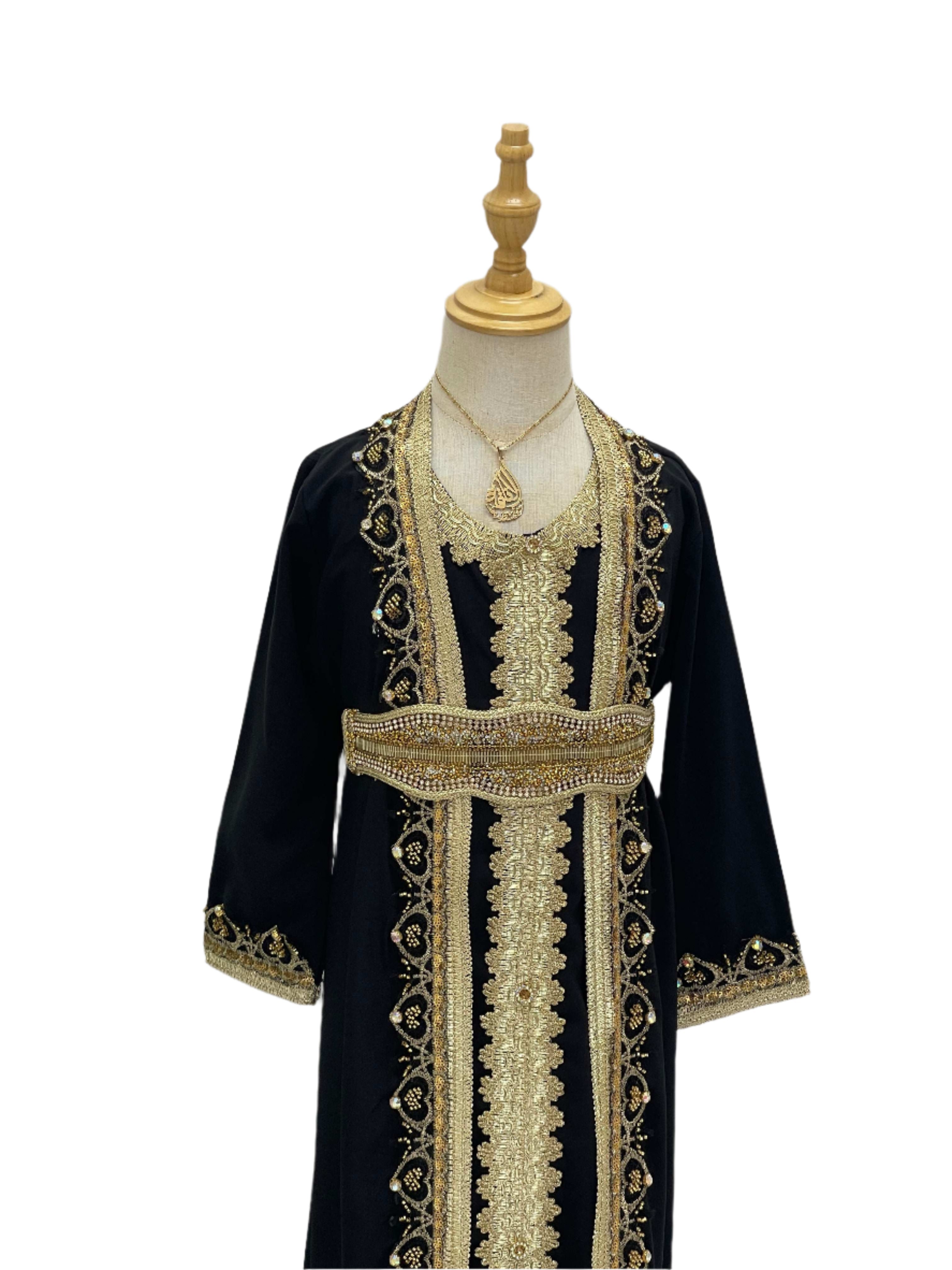 Palestinian Elegance Princess Mariam Long Sleeve Kaftan Dress in black with gold embroidered details