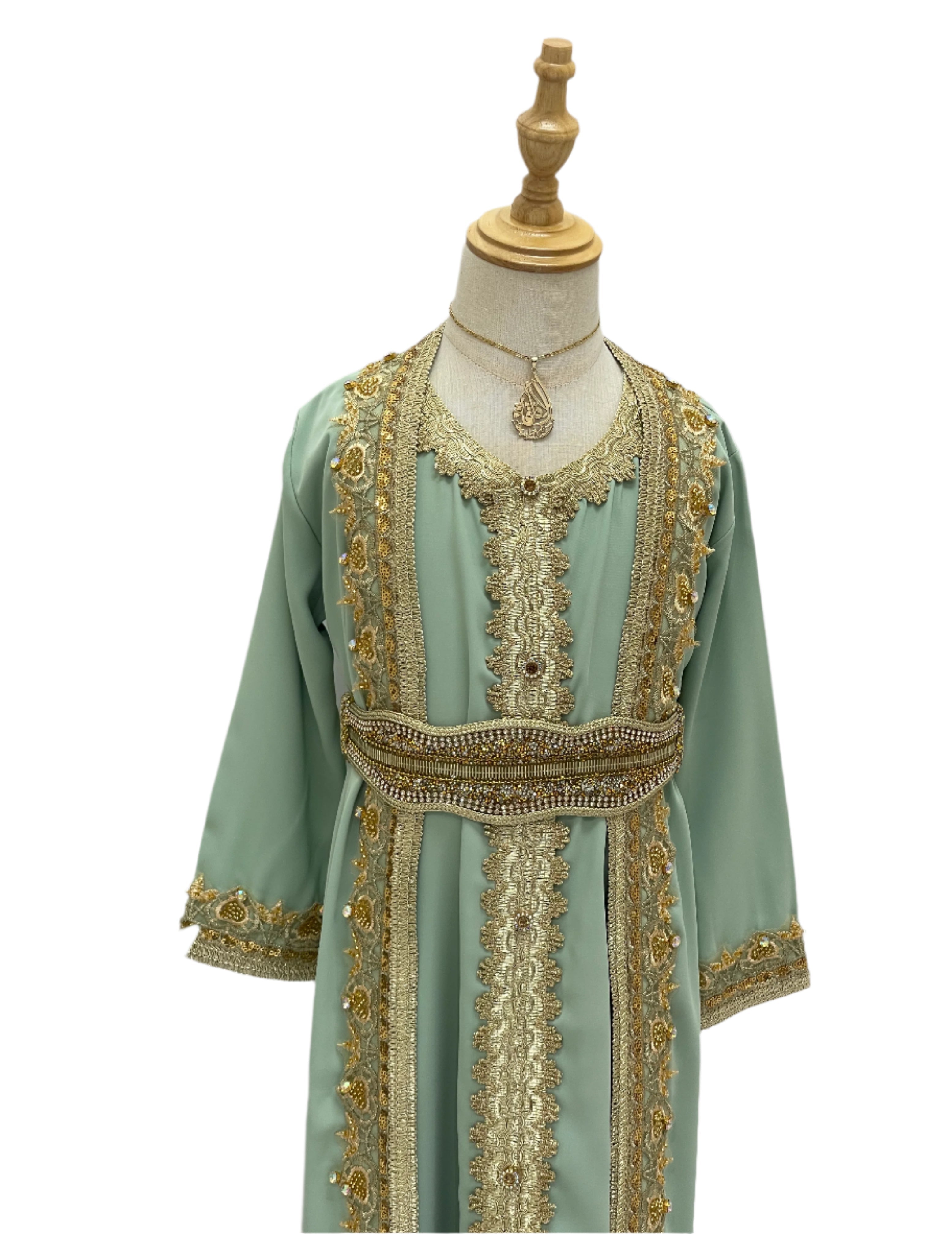 Princess Mariam Long Sleeve Kaftan Dress in green with gold embroidery by Palestinian Elegance for kids