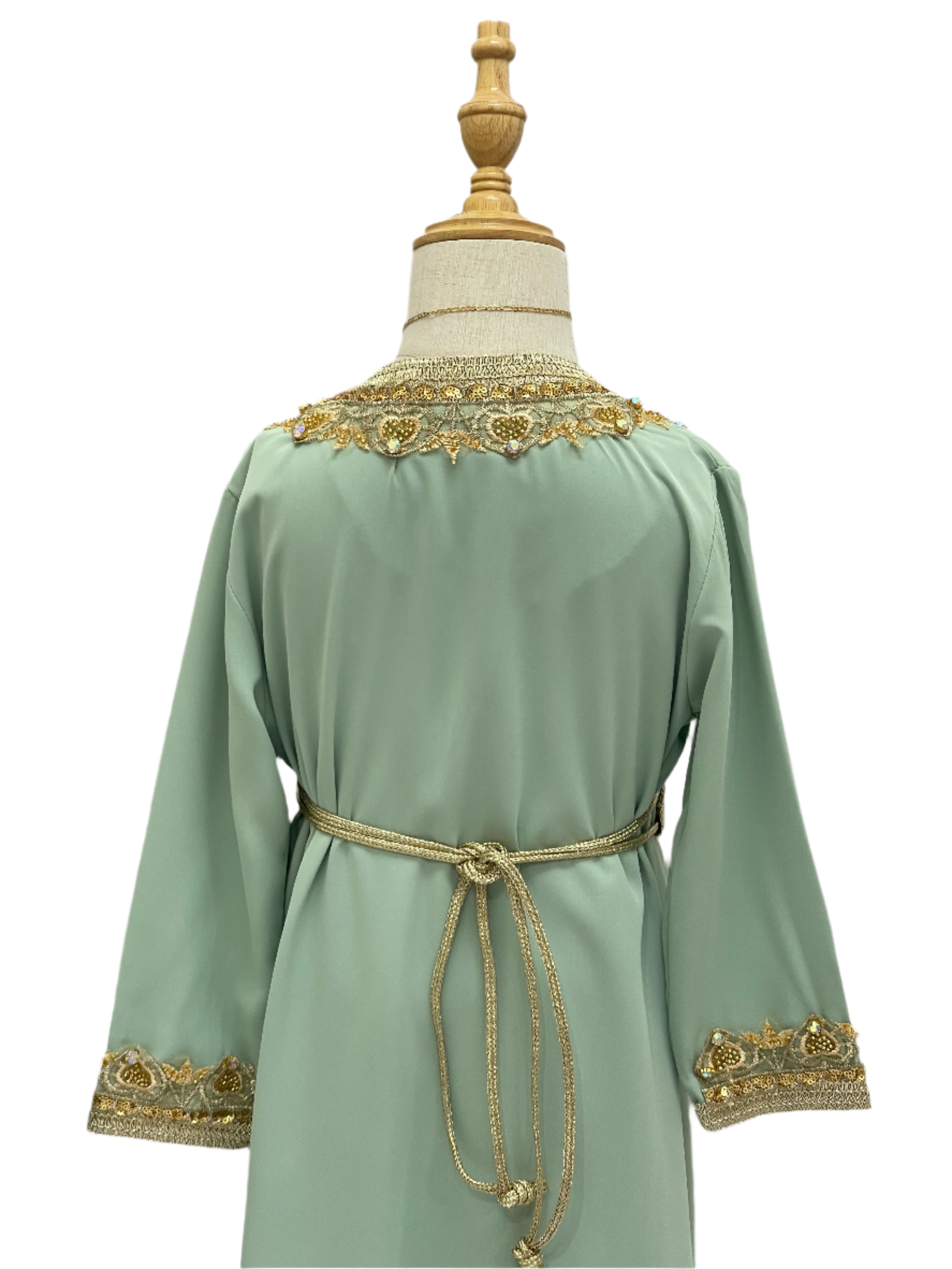 Back view of Princess Mariam Long Sleeve Kaftan Dress in light green with gold embroidery and belt by Palestinian Elegance