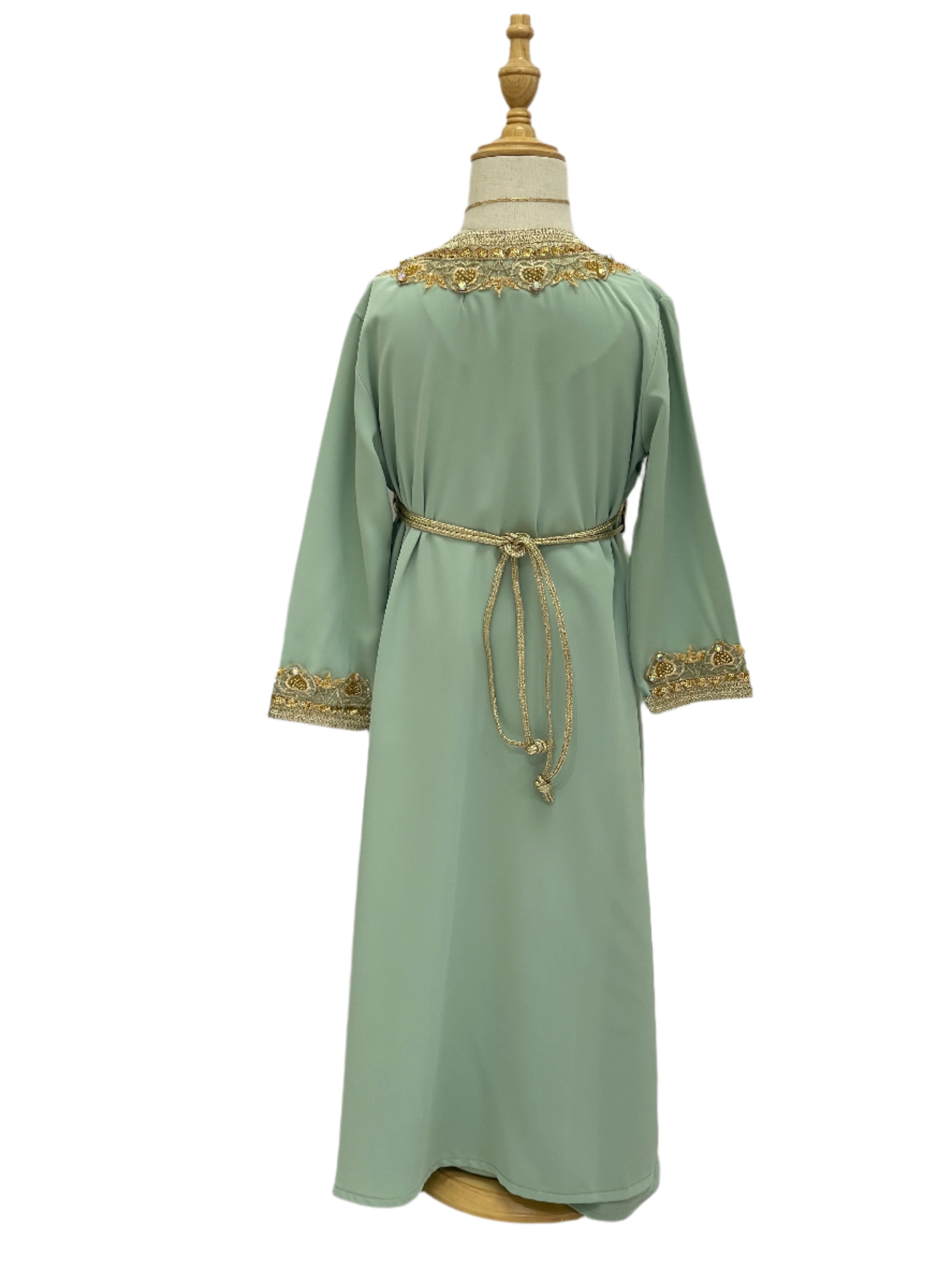 Palestinian Elegance Princess Mariam Long Sleeve Kaftan Dress in light green with gold embroidery and belt