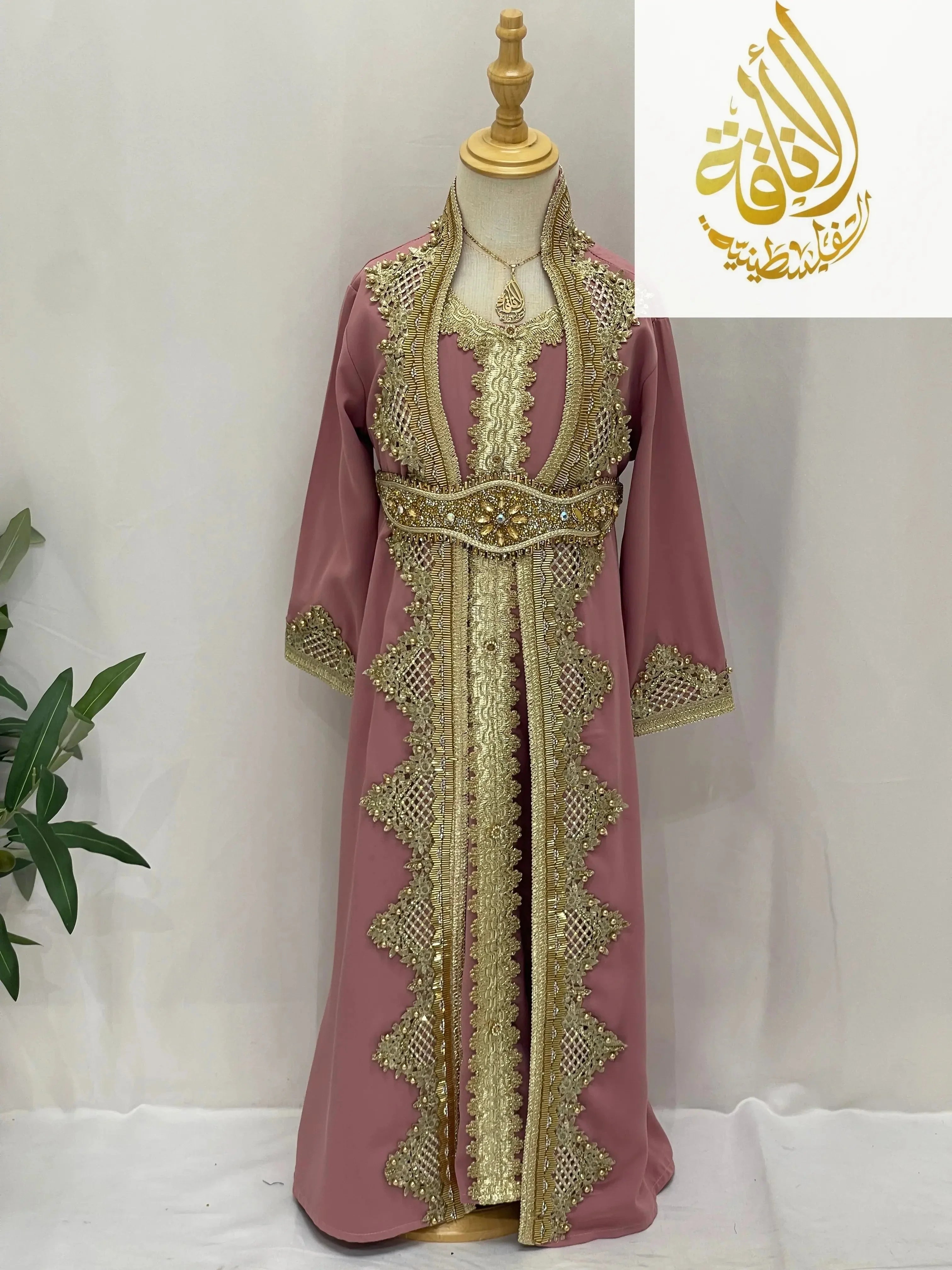 Princess Sema Girls Luxury Kaftan in dusty pink with intricate gold embroidery and decorative belt