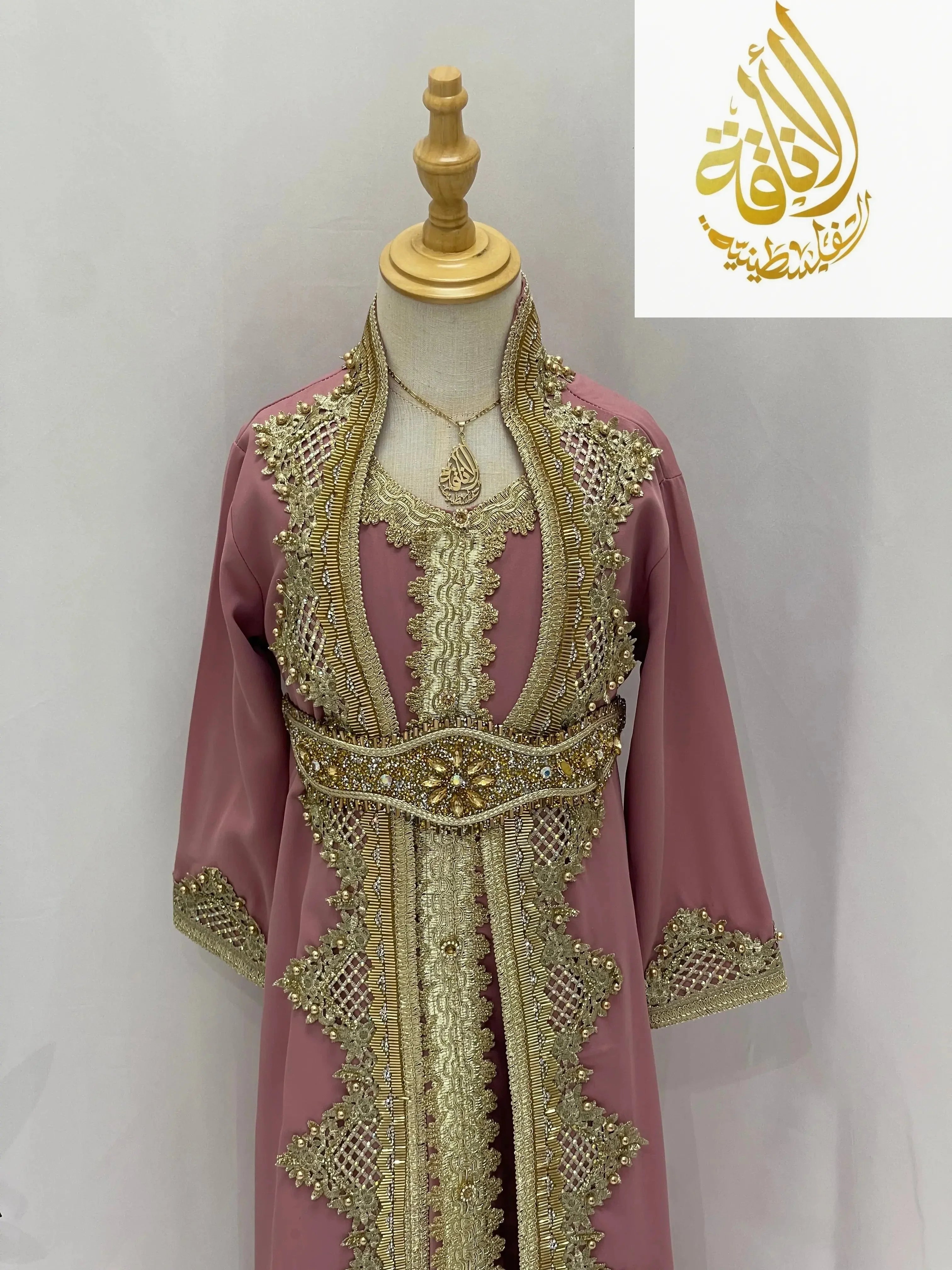 Princess Sema Girls Luxury Kaftan by Palestinian Elegance pink dress with gold embroidery and detailed embellishments