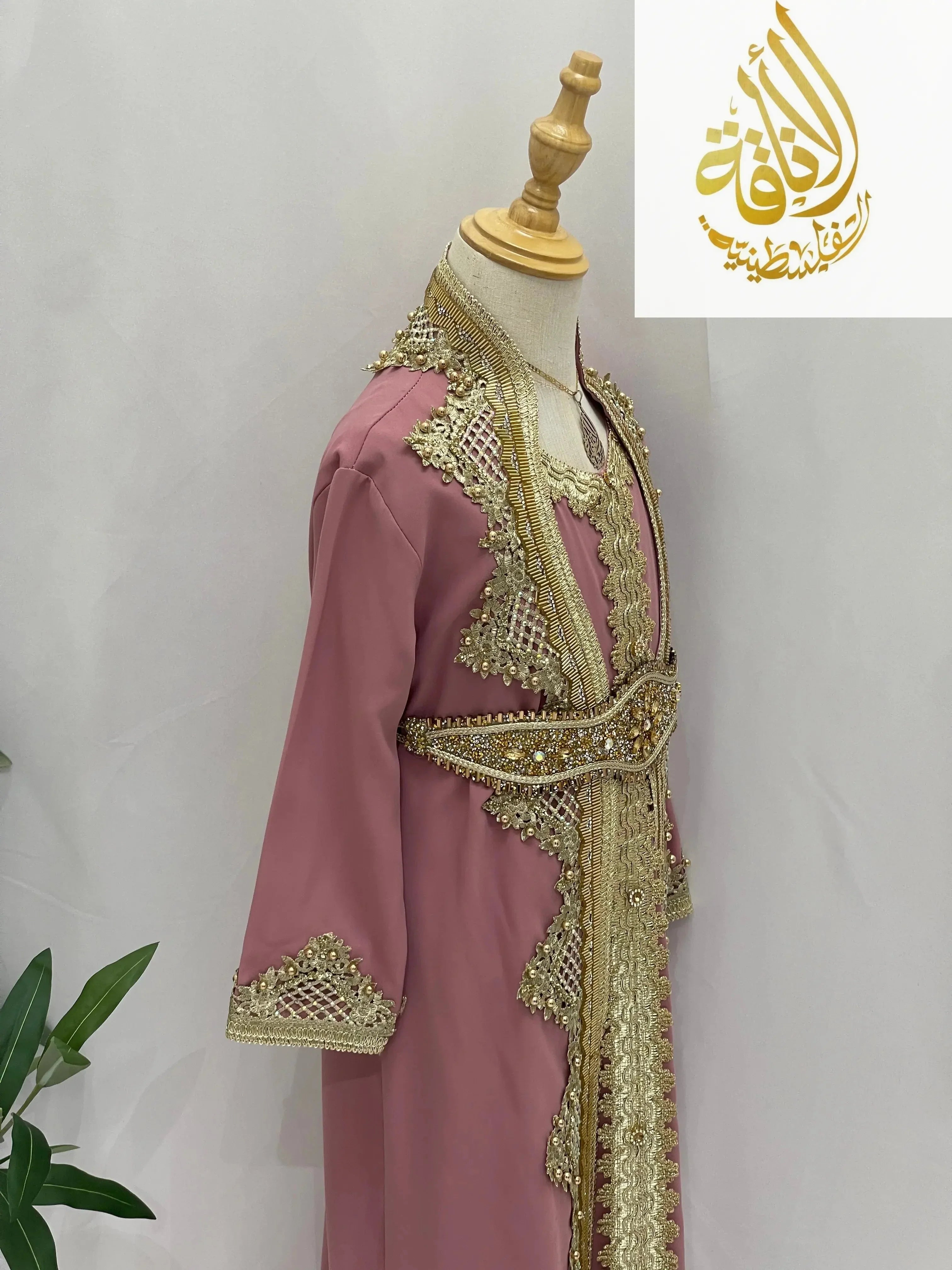 Princess Sema Girls Luxury Kaftan in pink with intricate gold embroidery and decorative beading
