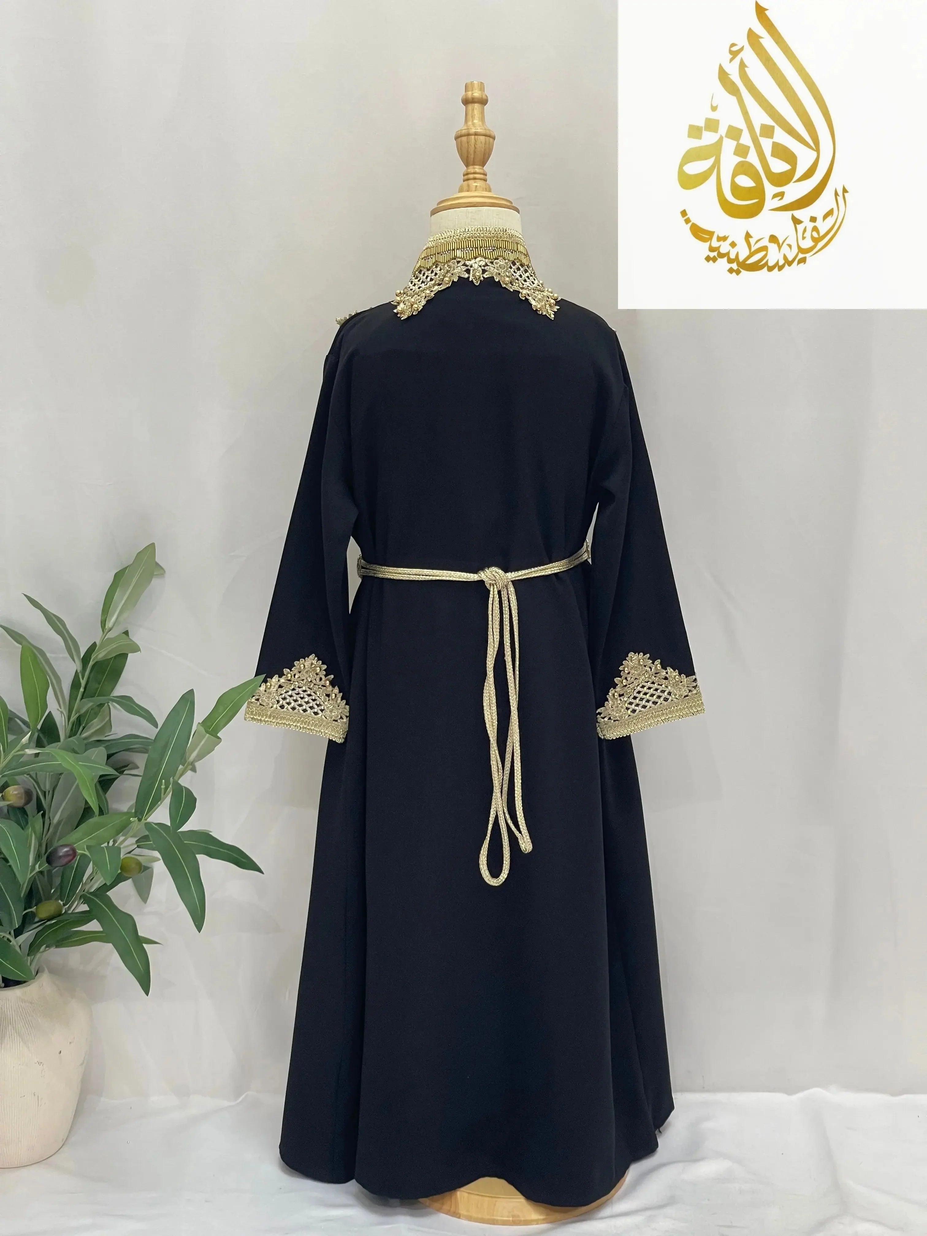 Black Princess Sema Girls Luxury Kaftan by Palestinian Elegance with gold embroidery and waist tie