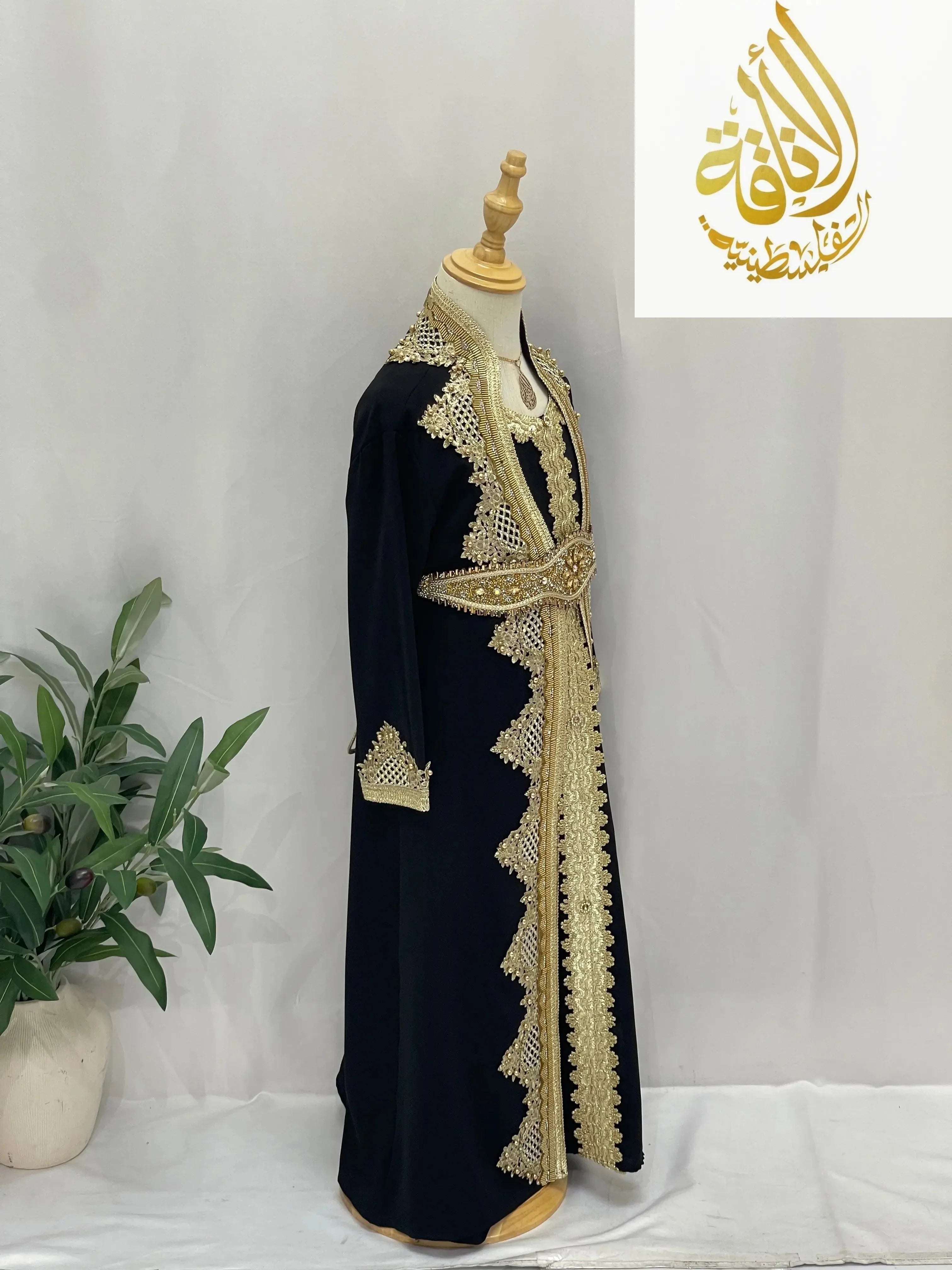 Princess Sema Girls Luxury Kaftan black dress with intricate gold embroidery for kids by Palestinian Elegance