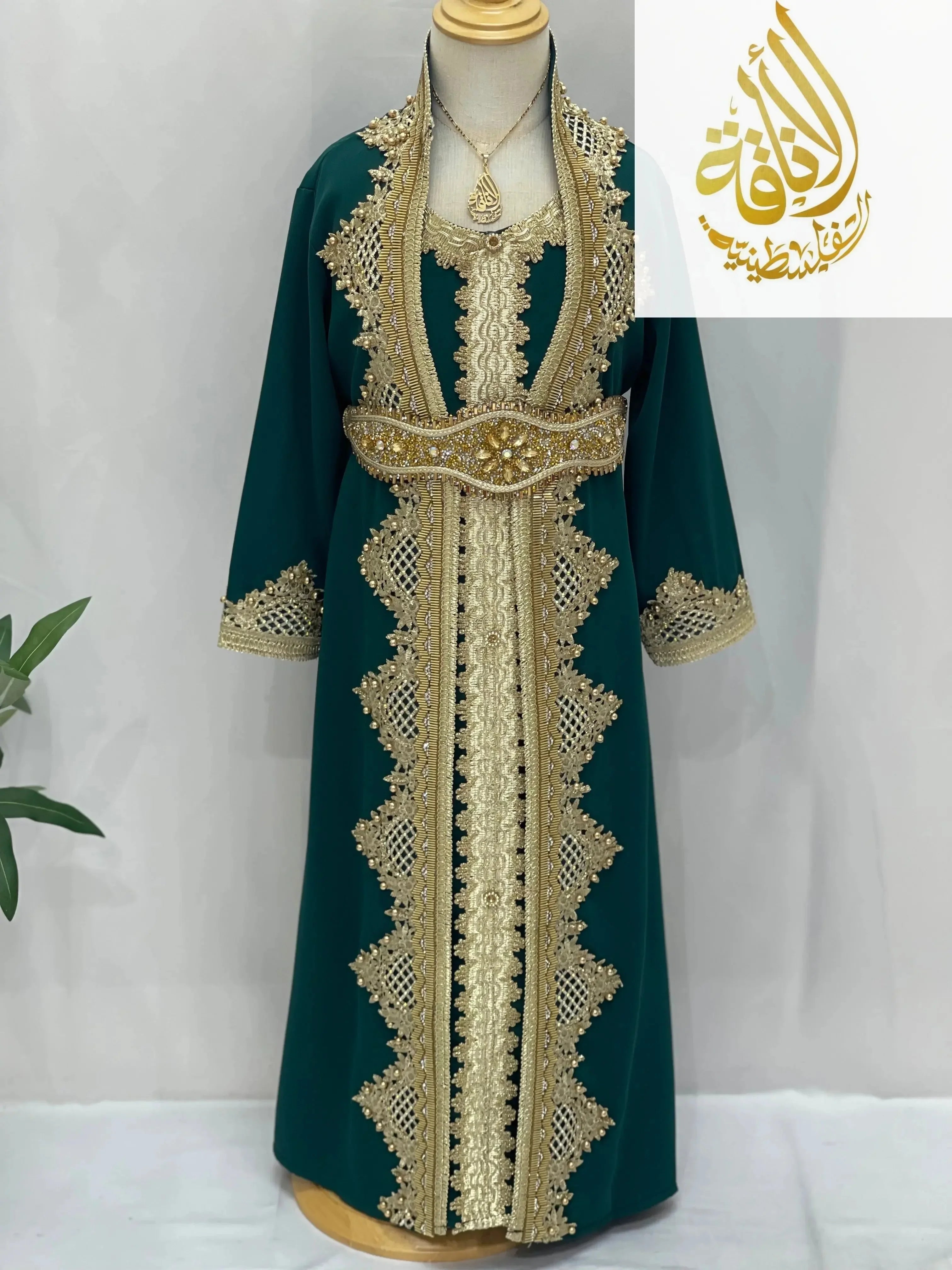 Princess Sema Girls Luxury Kaftan by Palestinian Elegance in green with gold embroidery and matching belt