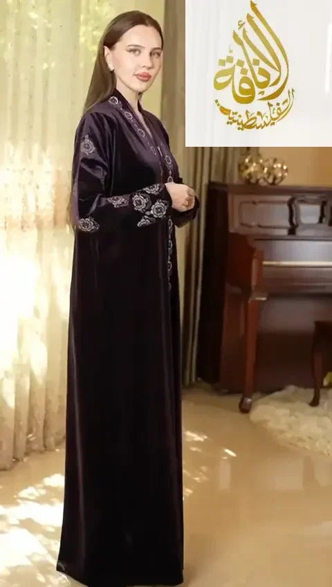 Purple Embroidered Velvet Abaya - Women's Luxurious and Elegant Fashion Palestinian Elegance