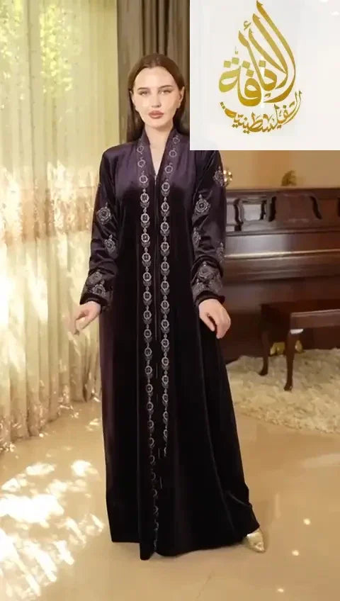 Purple Embroidered Velvet Abaya - Women's Luxurious and Elegant Fashion Palestinian Elegance
