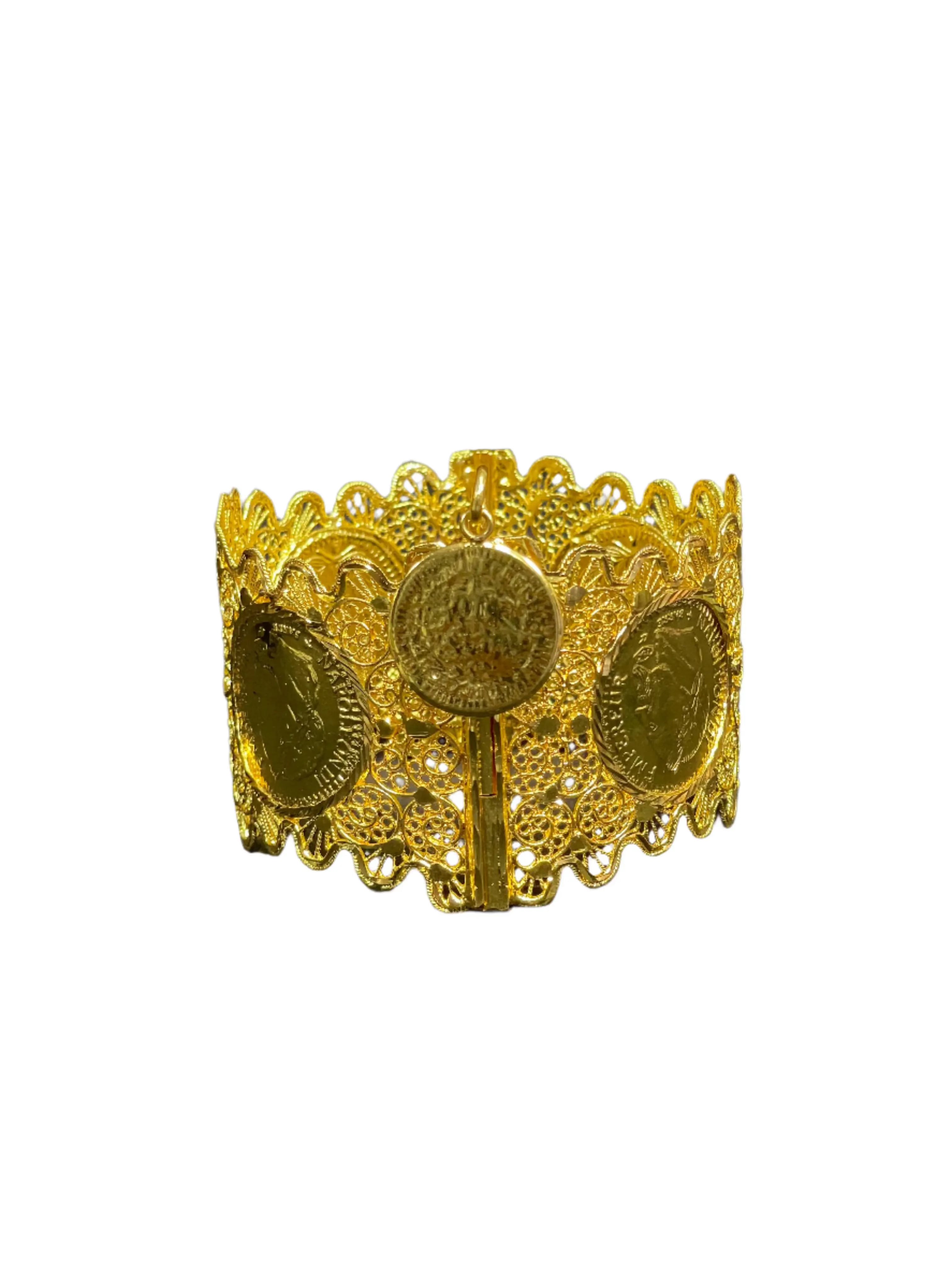 Qamar Bracelet in Imitated Gold with intricate filigree design and coin accents by Palestinian Elegance