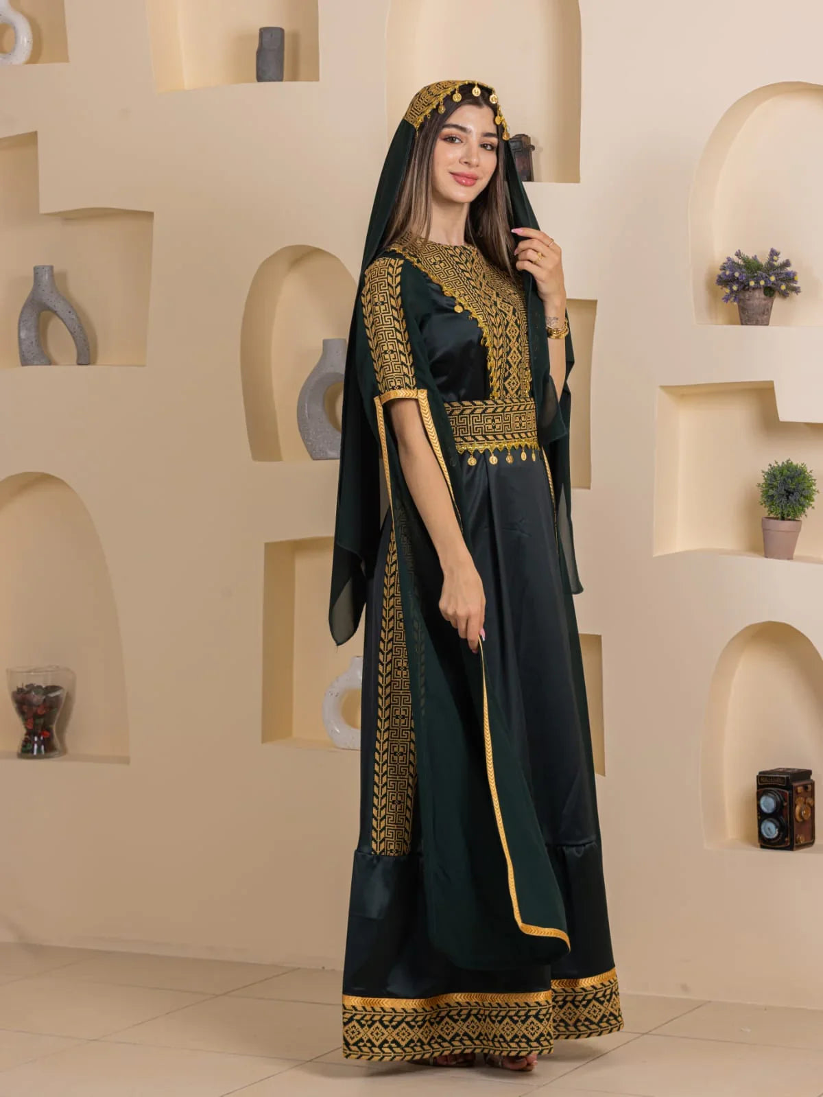 black and gold embroidered dress Qamar Heritage Modern Elegance Sexy See-Through Dress Gauze Each gown is meticulously Color:#43-Pine Green Style-Color-Dim:AP1E212479_BK410_M