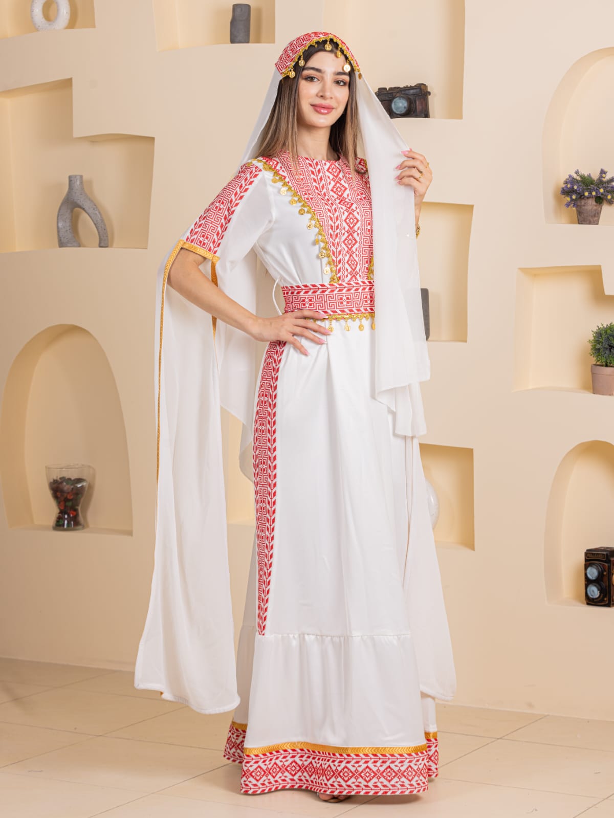 Qamar Embroidered Dress by Palestinian Elegance white embroidered maxi dress with gold trim and matching headscarf