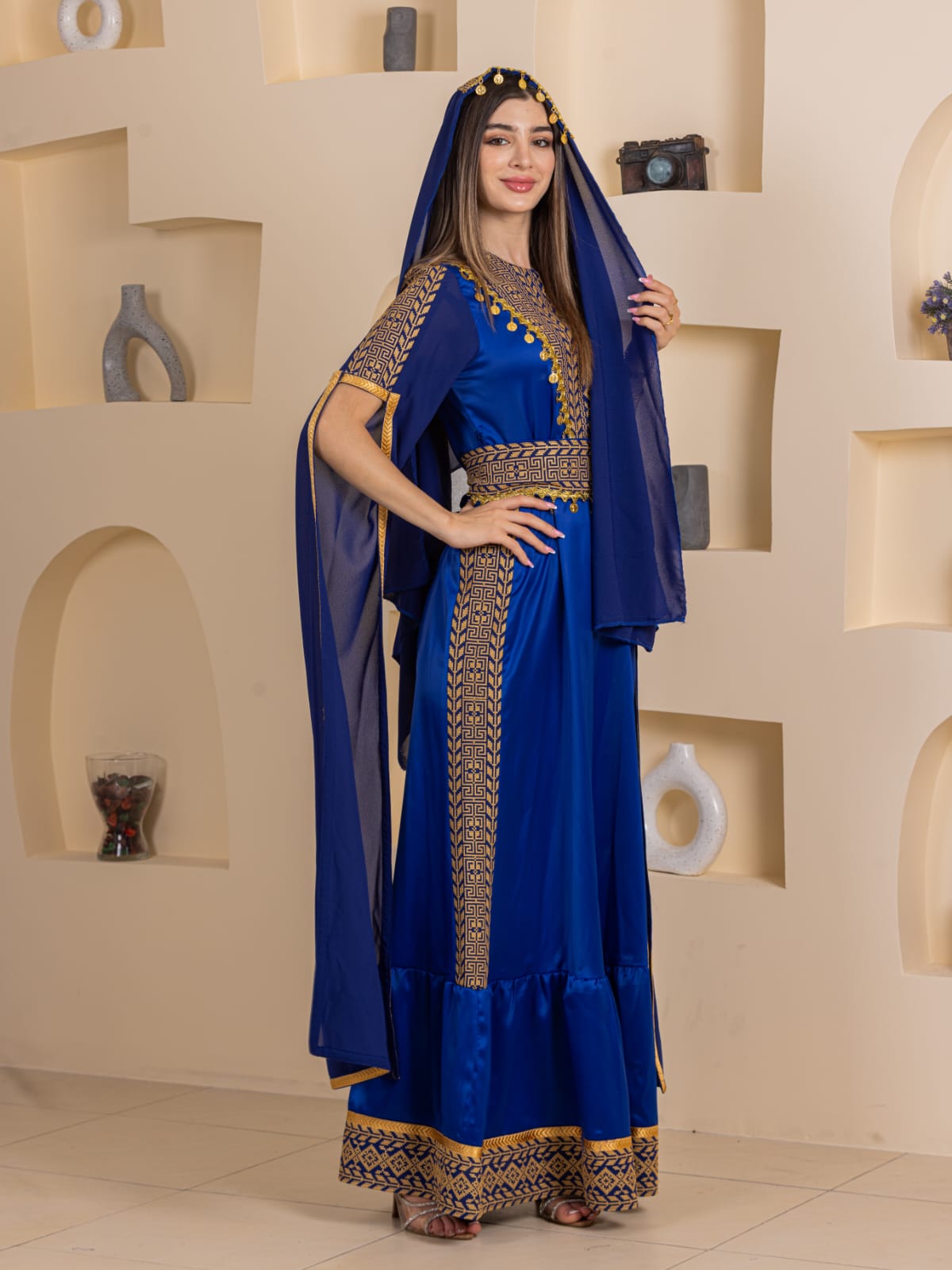 Qamar Embroidered Dress by Palestinian Elegance royal blue ankle length gown with gold embroidery and matching veil