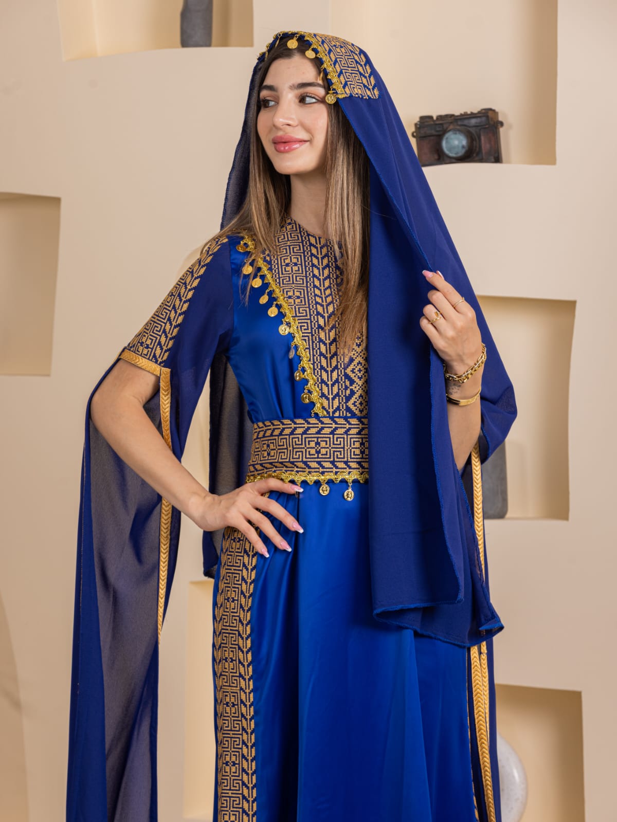 Palestinian Elegance Qamar Embroidered Dress royal blue with gold embroidery and matching headscarf