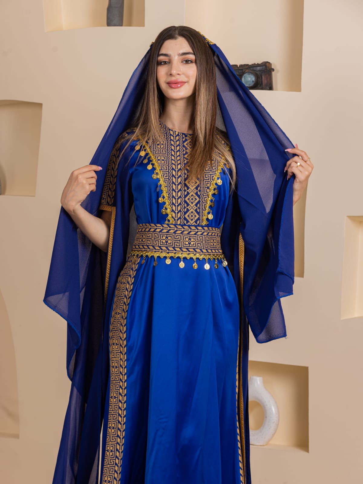 Palestinian Elegance Qamar Embroidered Dress royal blue gown with gold Palestinian embroidery and sheer matching veil