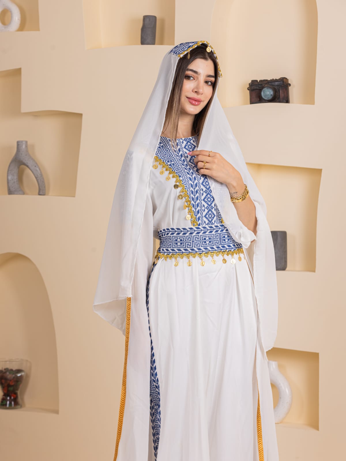 Qamar Embroidered Dress royal blue Palestinian Elegance dress White