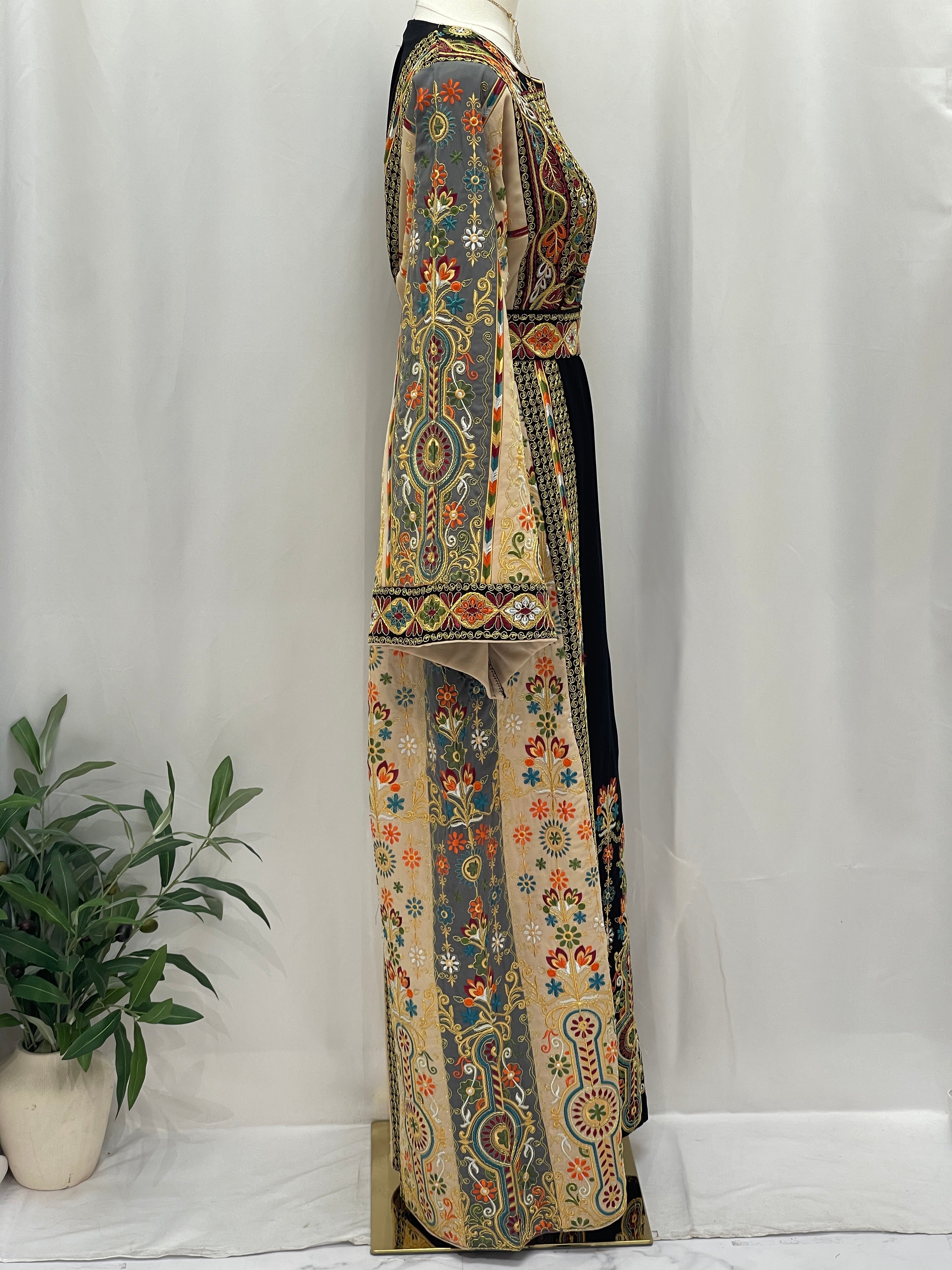 Rafif Embroidered Thobe side profile long sleeve full length black center panel multicolor embroidery