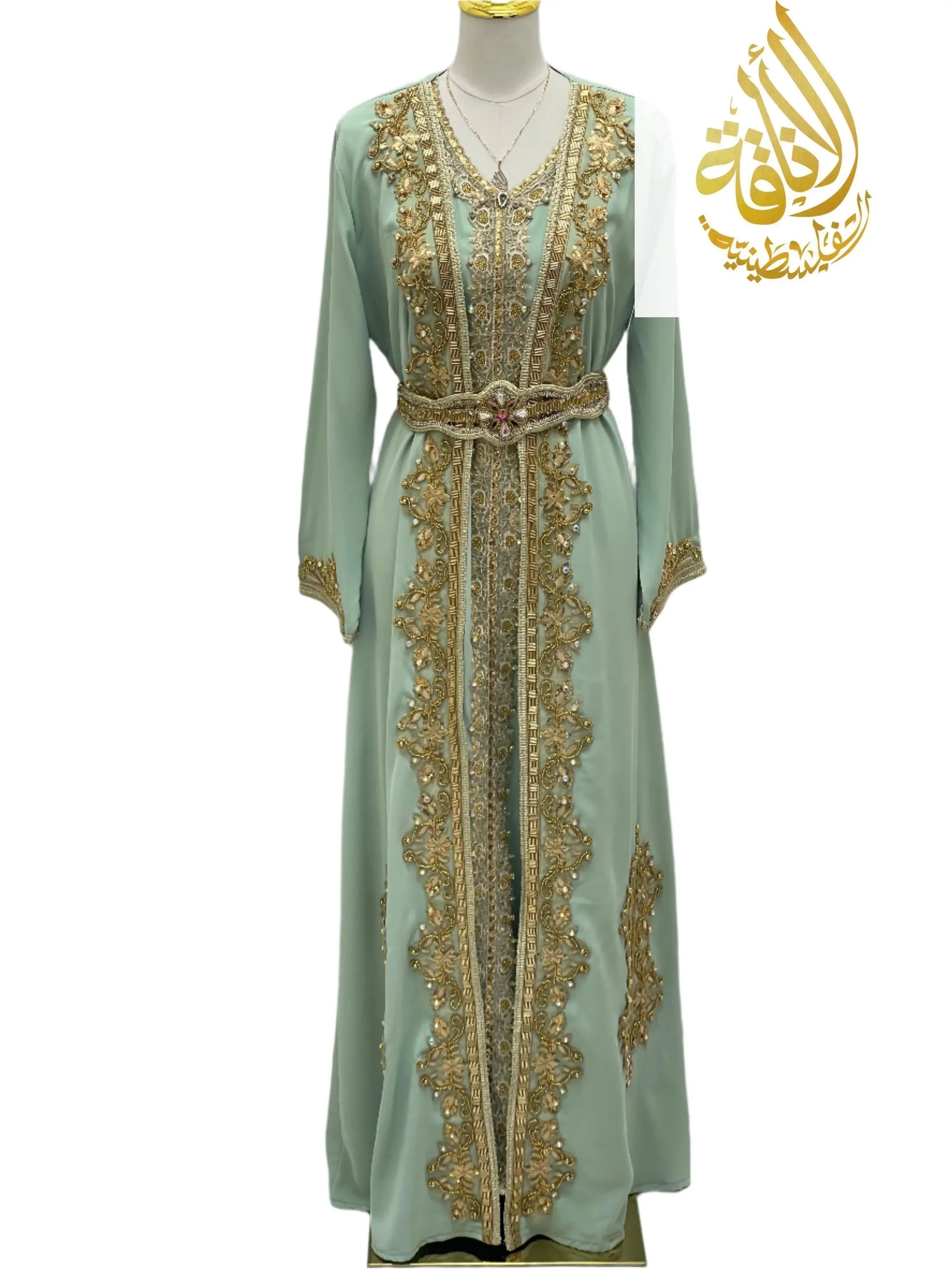 Rahaf Moroccan Style Kaftan in light green with intricate gold embroidery and matching belt by Palestinian Elegance