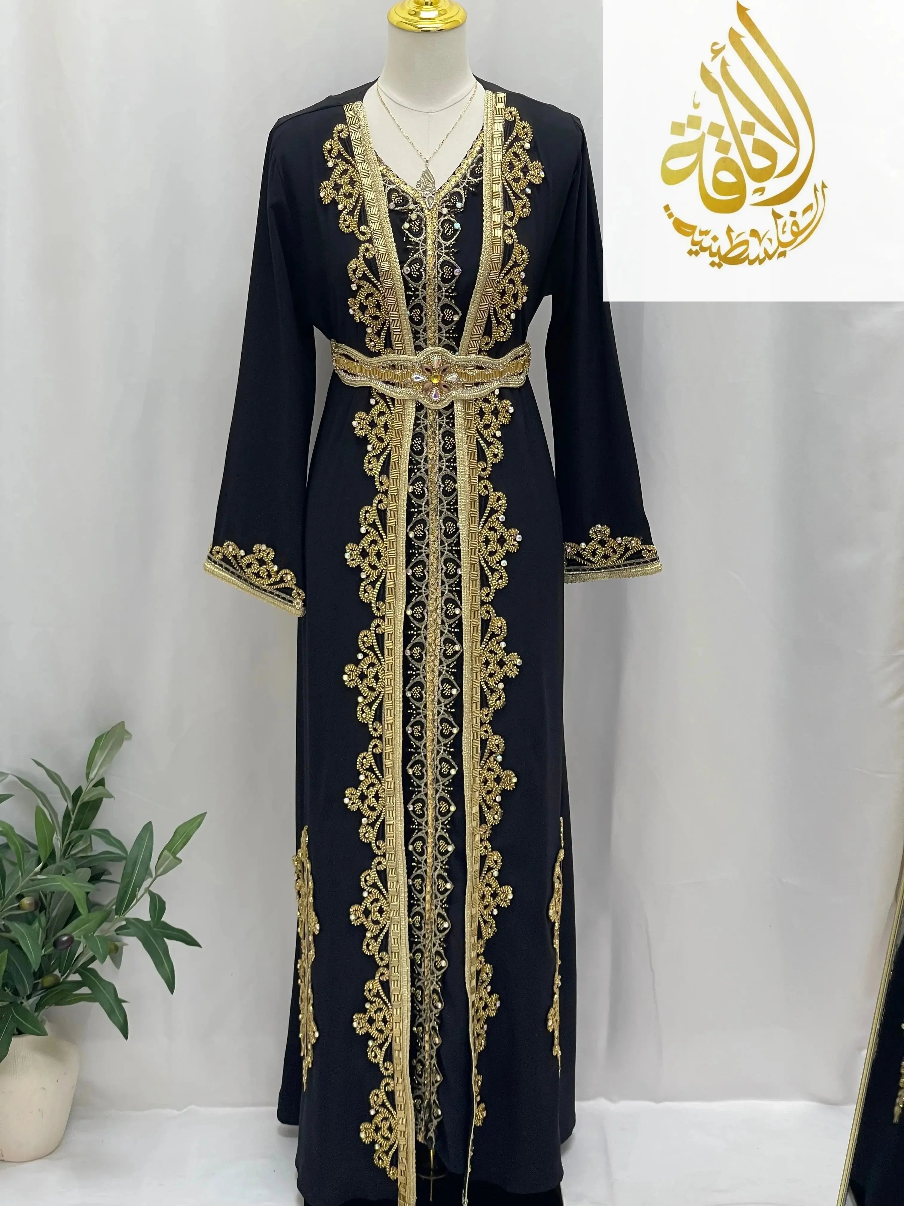 Palestinian Elegance Rahaf Moroccan Style Kaftan in black with gold embroidery and matching belt