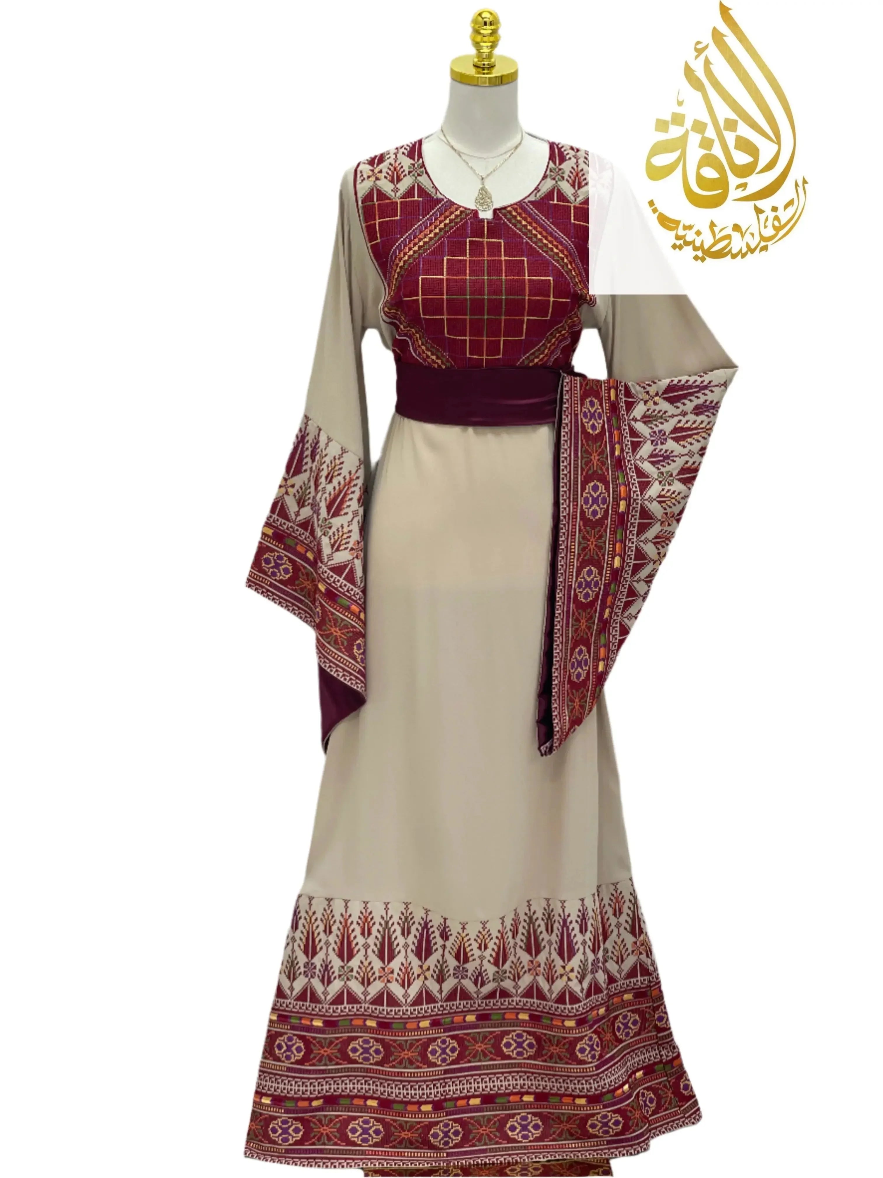 Palestinian Elegance Randa Embroidered Thoub with intricate red and beige embroidery on sleeves and hem