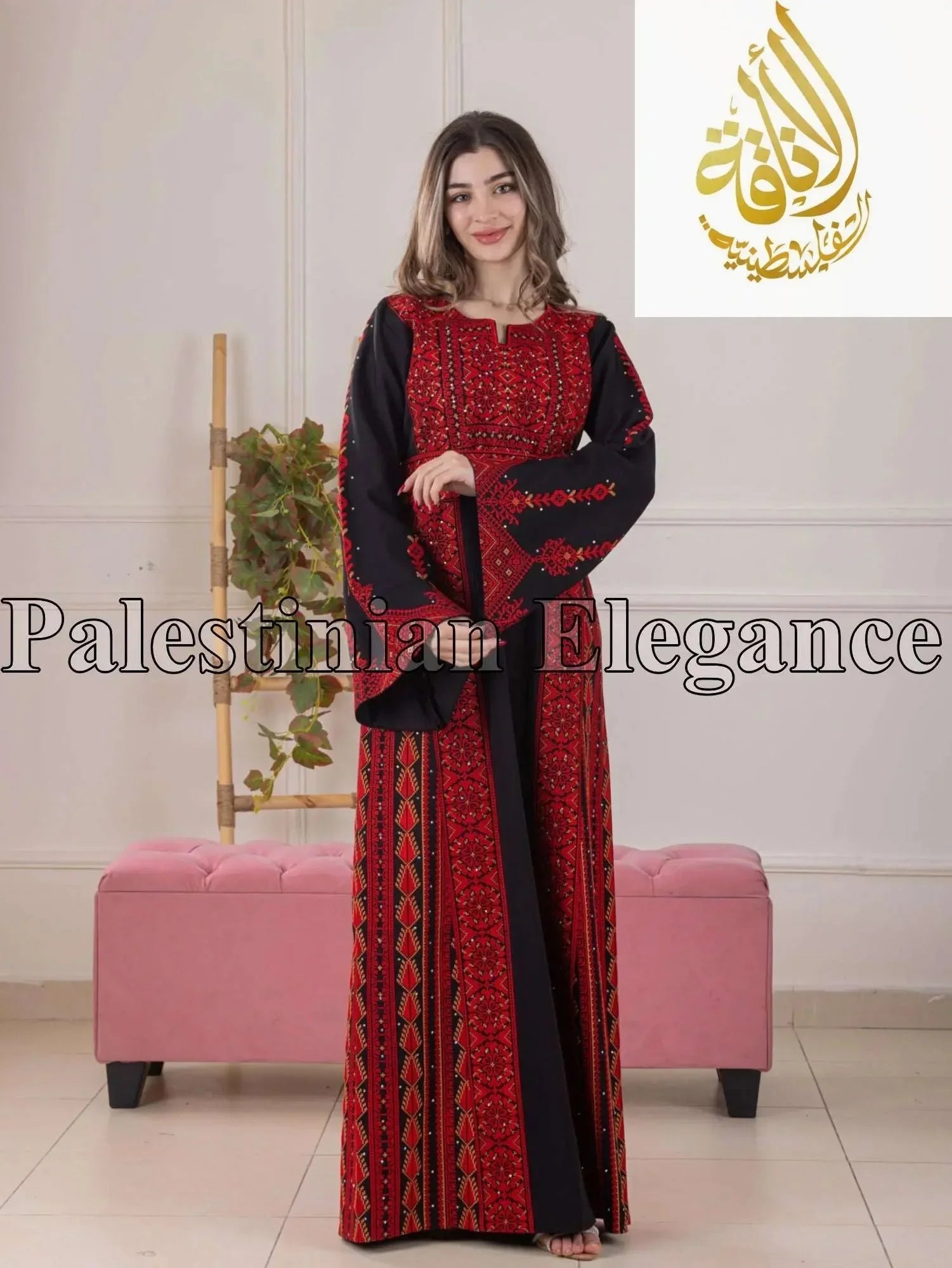 Palestinian Elegance Rome Embroidered Thoub in black and red with intricate traditional embroidery design