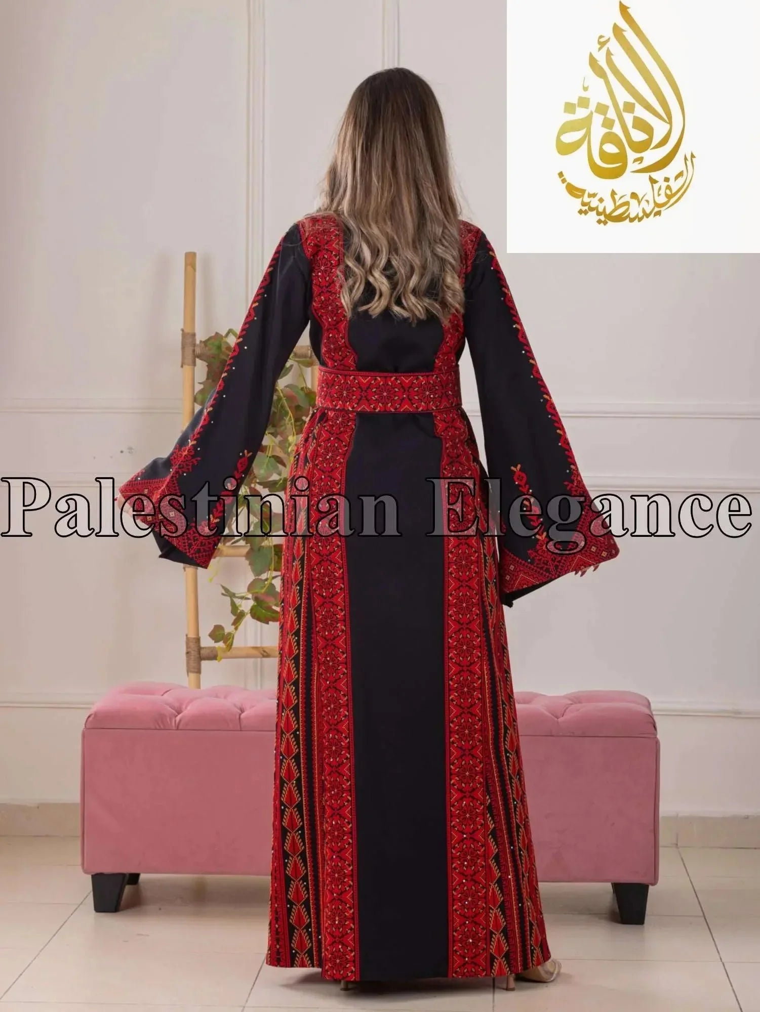 Back view of Rome Embroidered Thoub by Palestinian Elegance featuring black fabric with intricate red embroidery