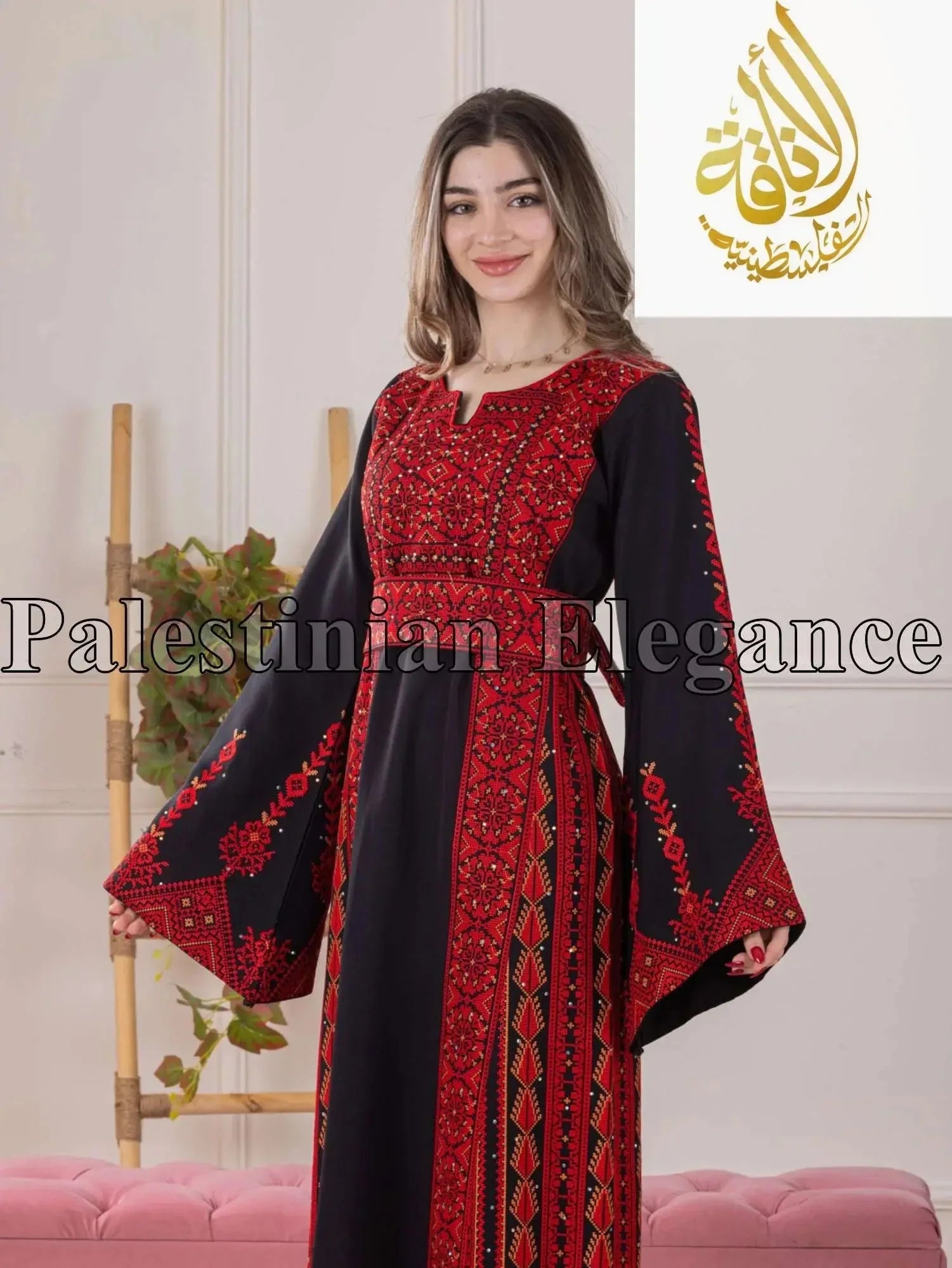 Palestinian Elegance Rome Embroidered Thoub in black with intricate red embroidery and wide sleeves