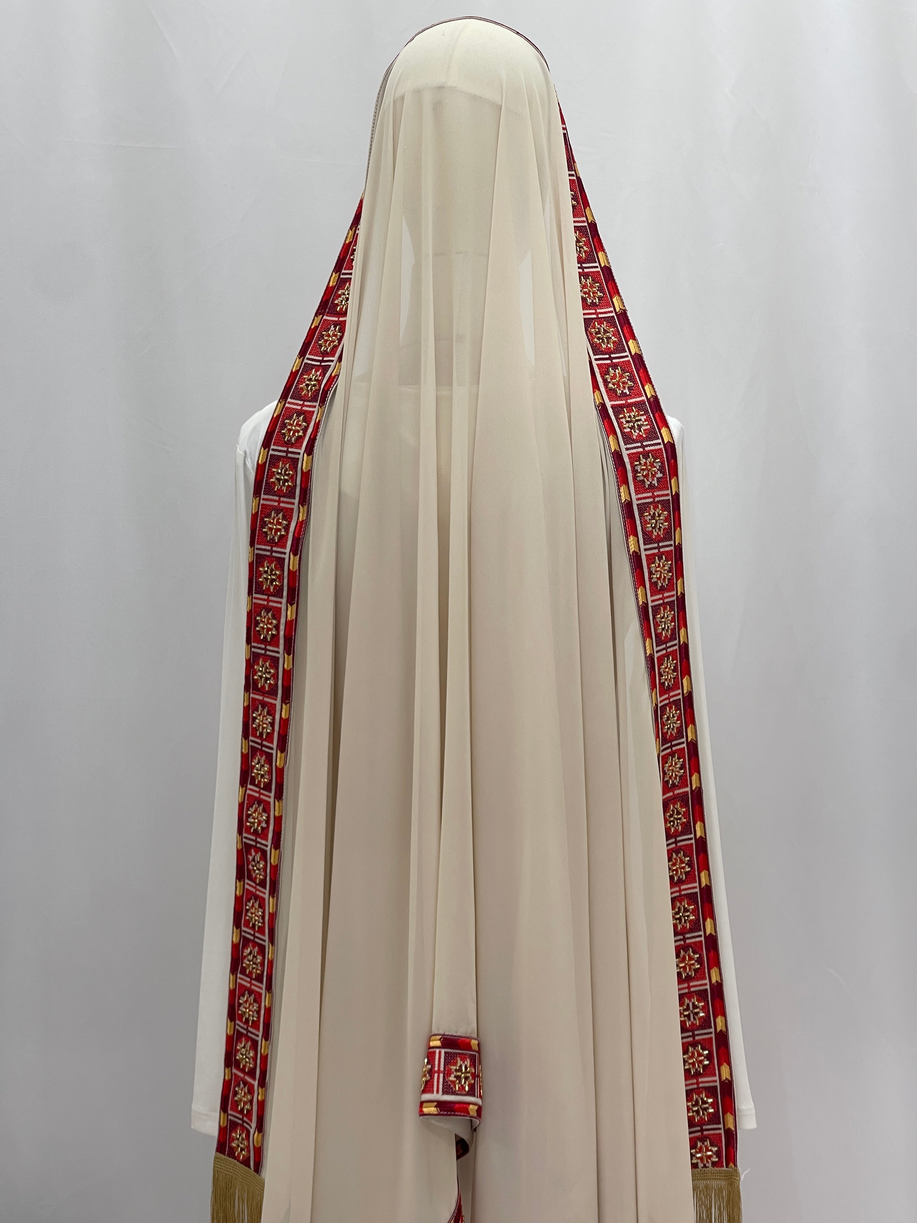 Rose Long Embroidered Khirka-Shwal with traditional red embroidery and elegant design