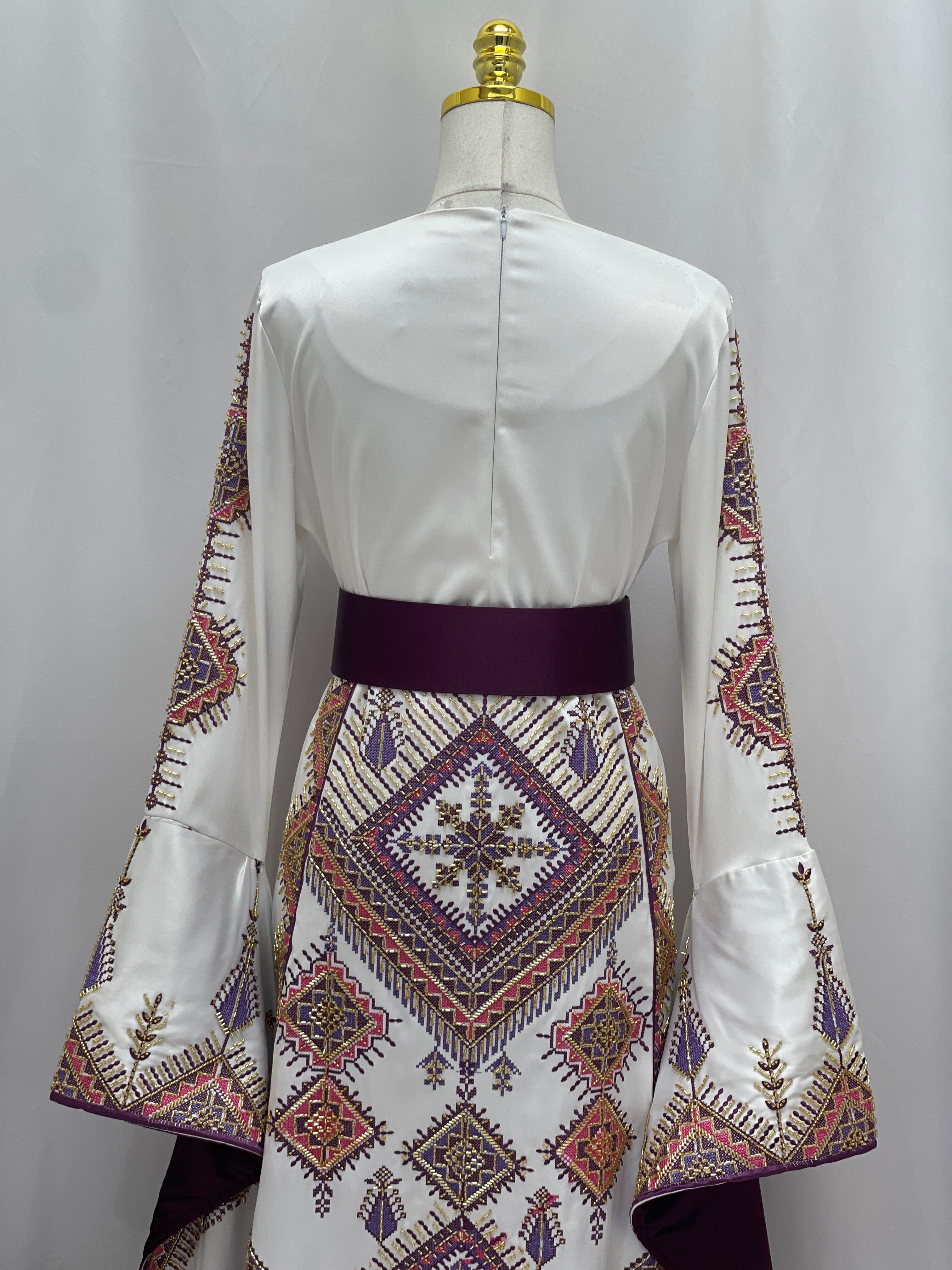 Palestinian Elegance bridal dress back view Embroidered Thoub Gown with geometric motifs and bell sleeves