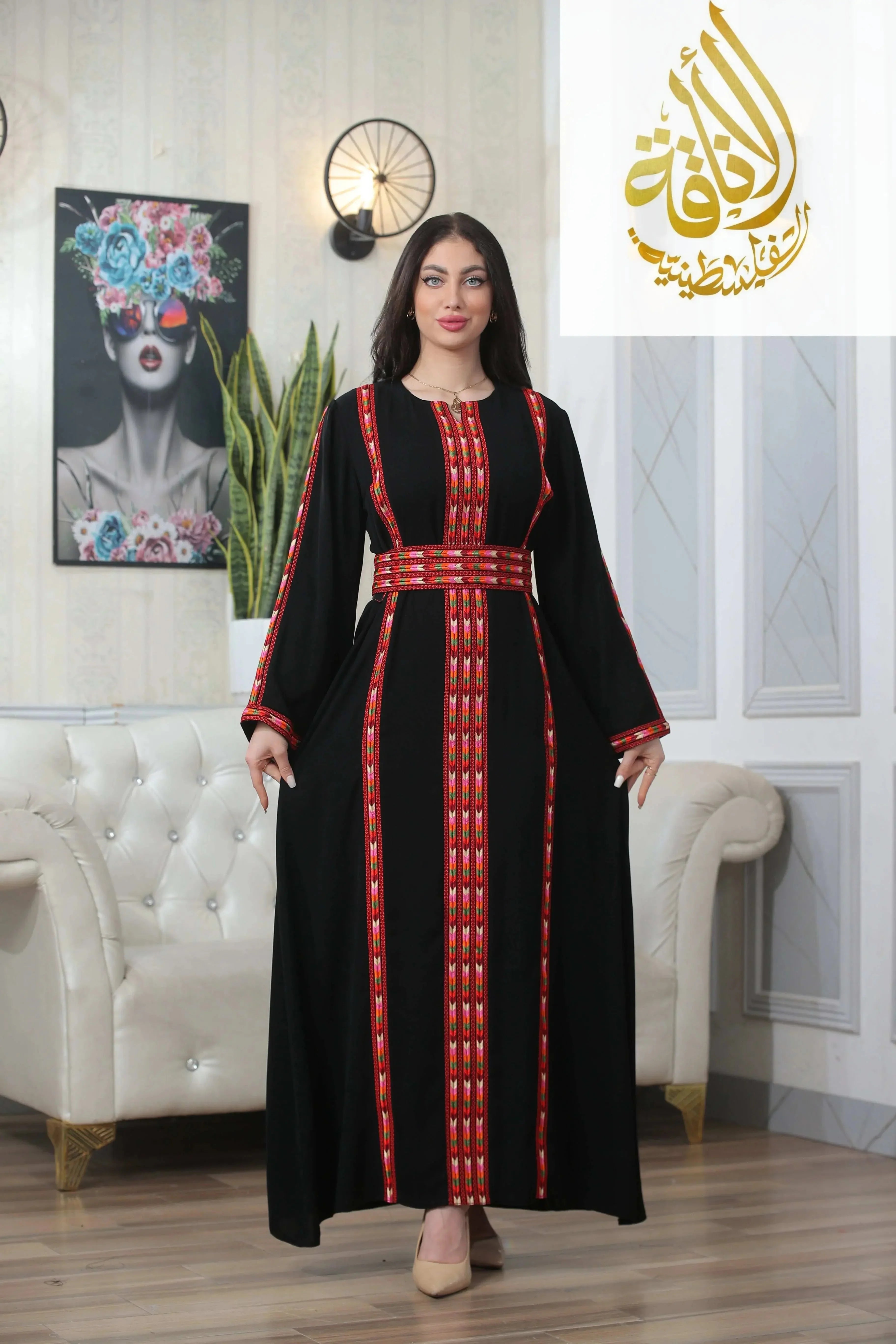 Palestinian Elegance Salam Manjal Embroidered Thoub black traditional long dress with red geometric embroidery