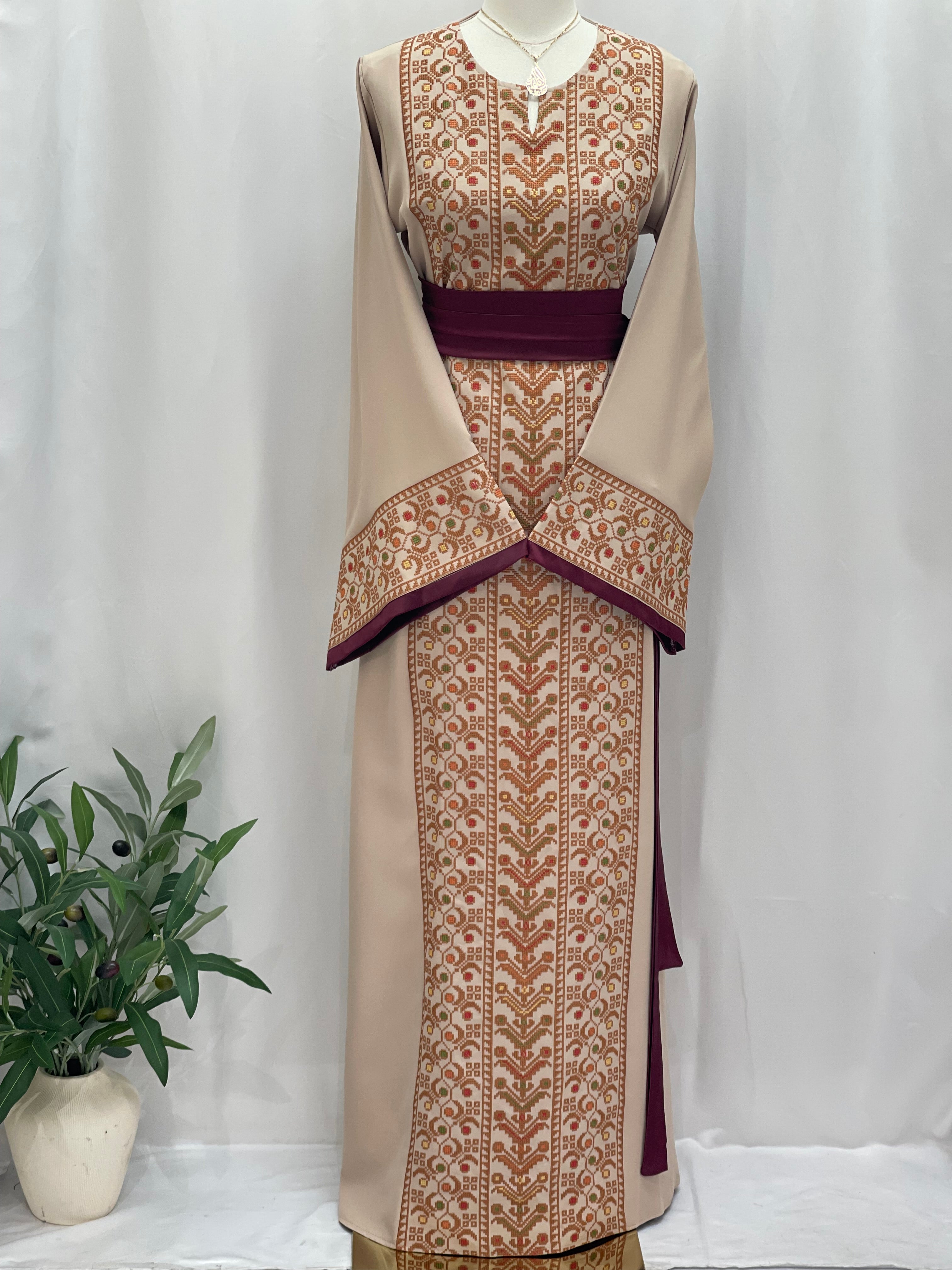 Palestinian Elegance Embroiderd Thobe With Belt in beige with intricate brown and maroon embroidery