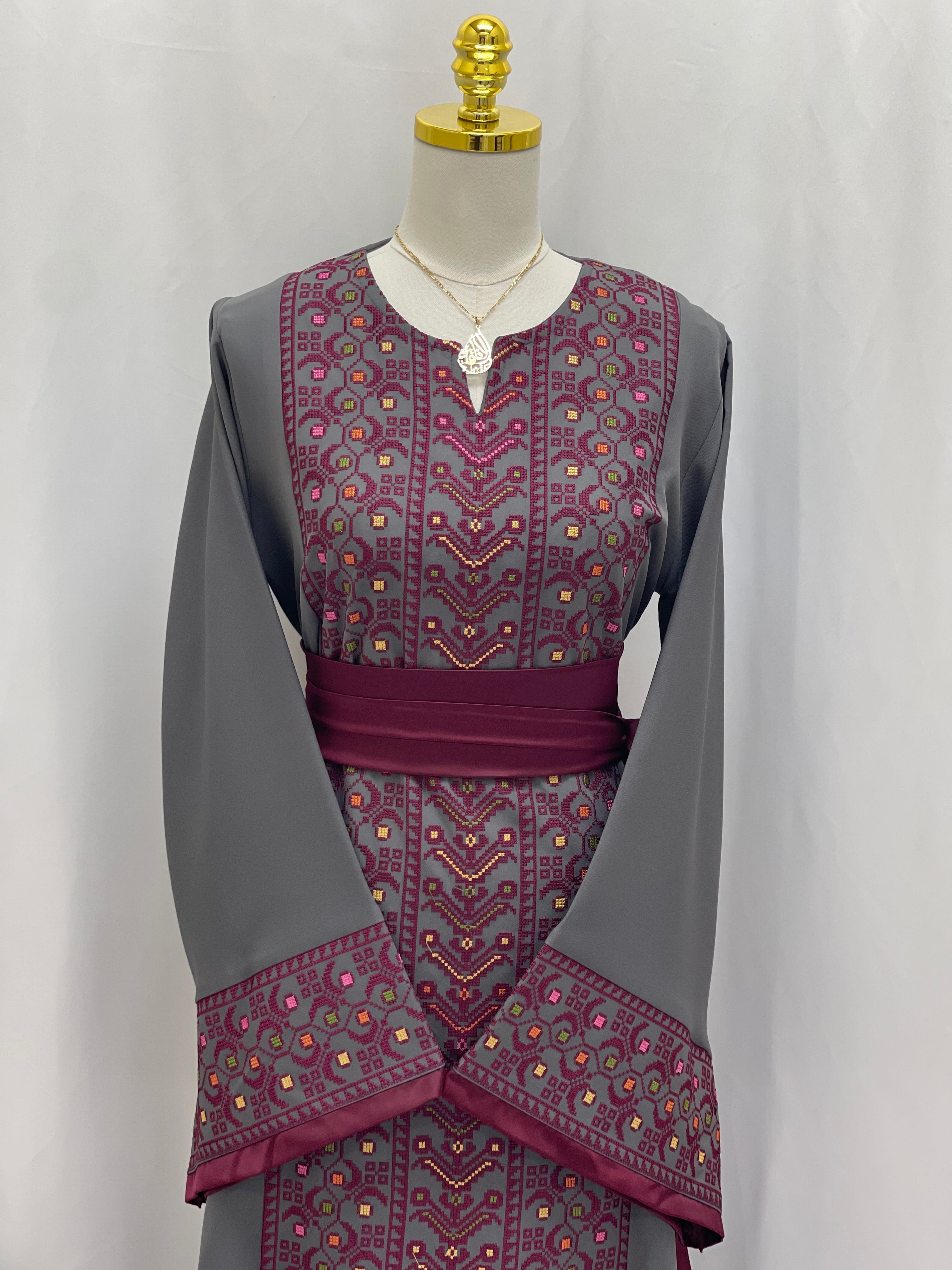 Palestinian Elegance Embroiderd Thobe With Belt in gray and burgundy with intricate traditional embroidery