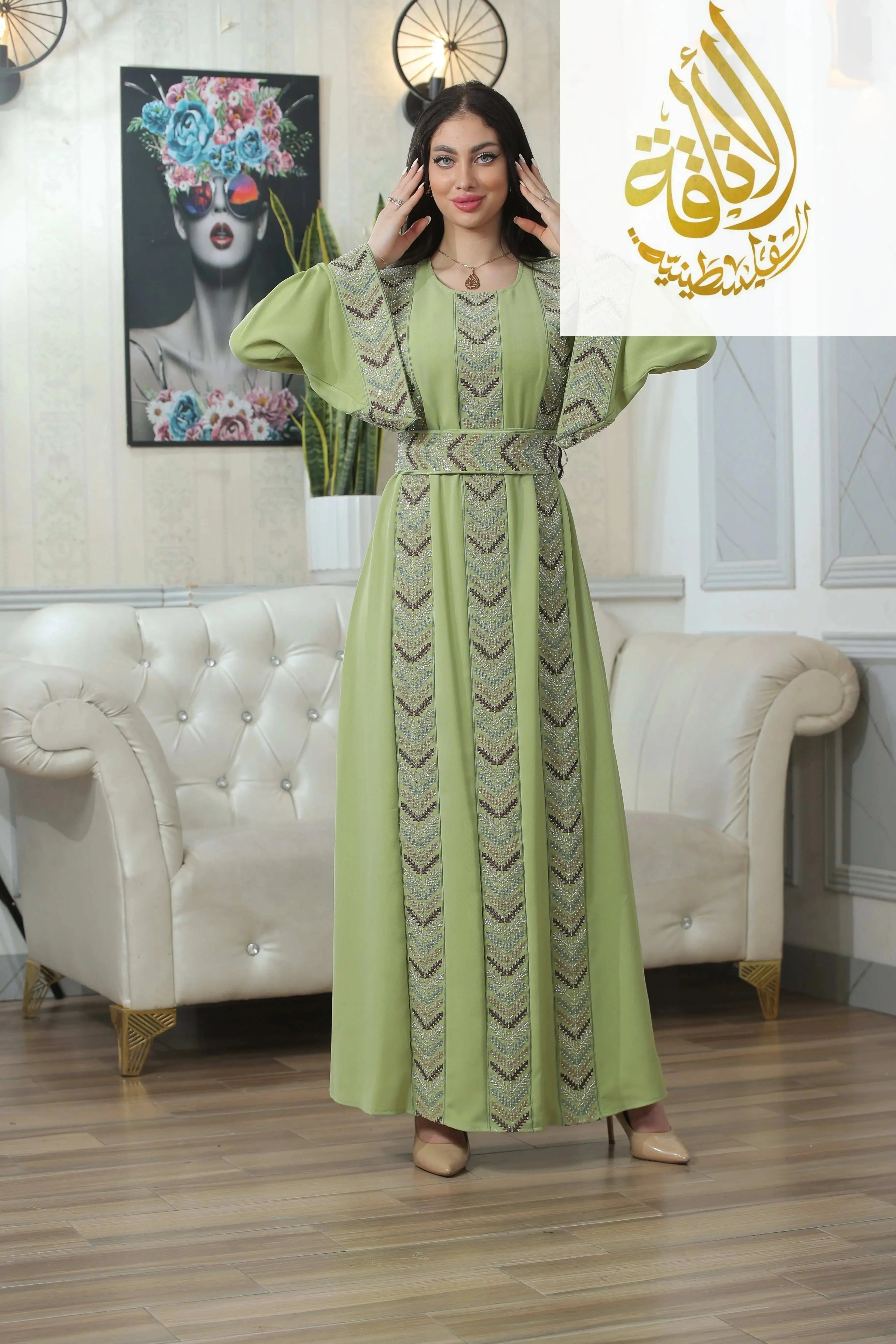 Seham Embroidered Beads Thoub by Palestinian Elegance in light green with intricate bead embroidery and long sleeves