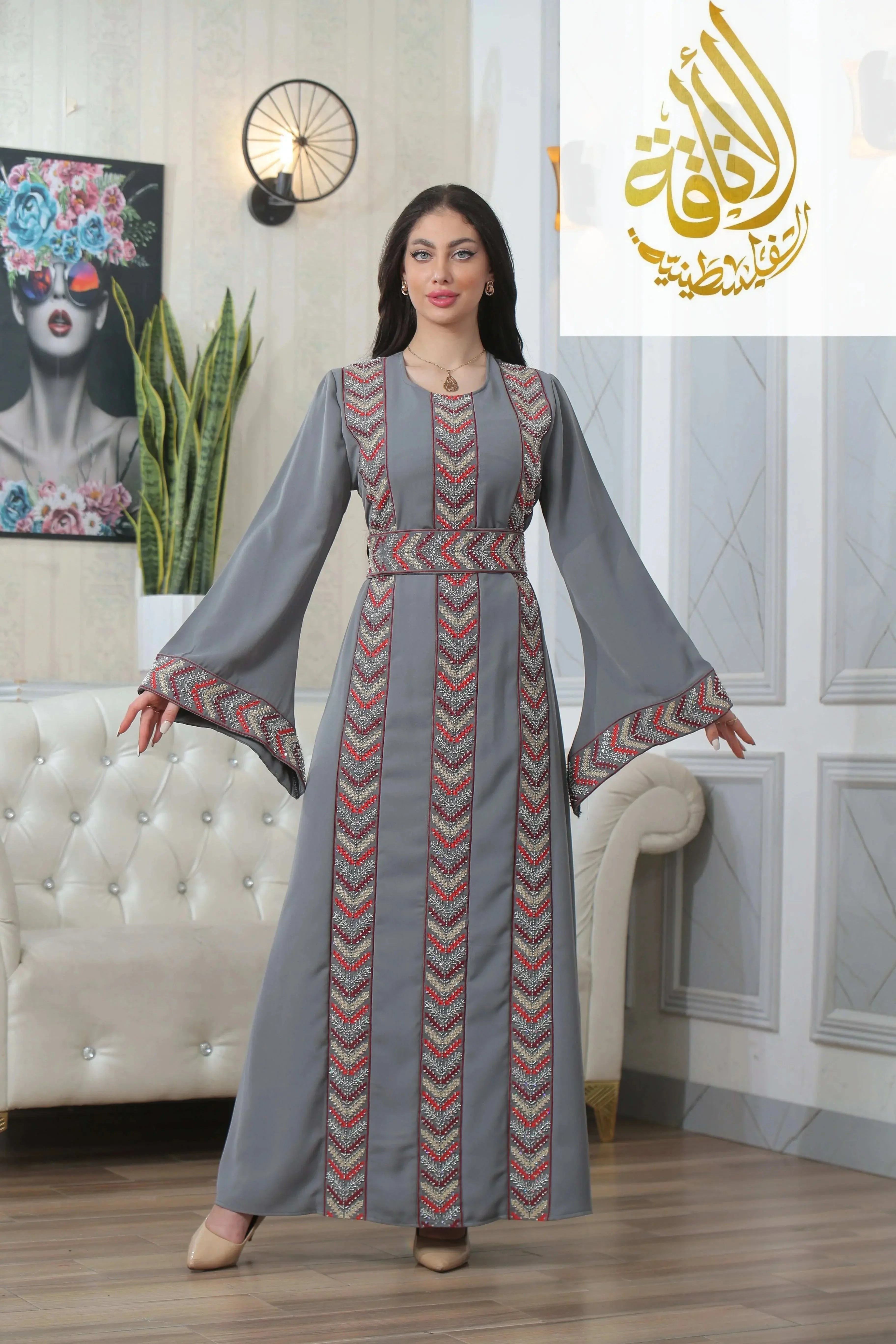 Palestinian Elegance embroidered beaded thobe dress for women in gray with red and white geometric patterns