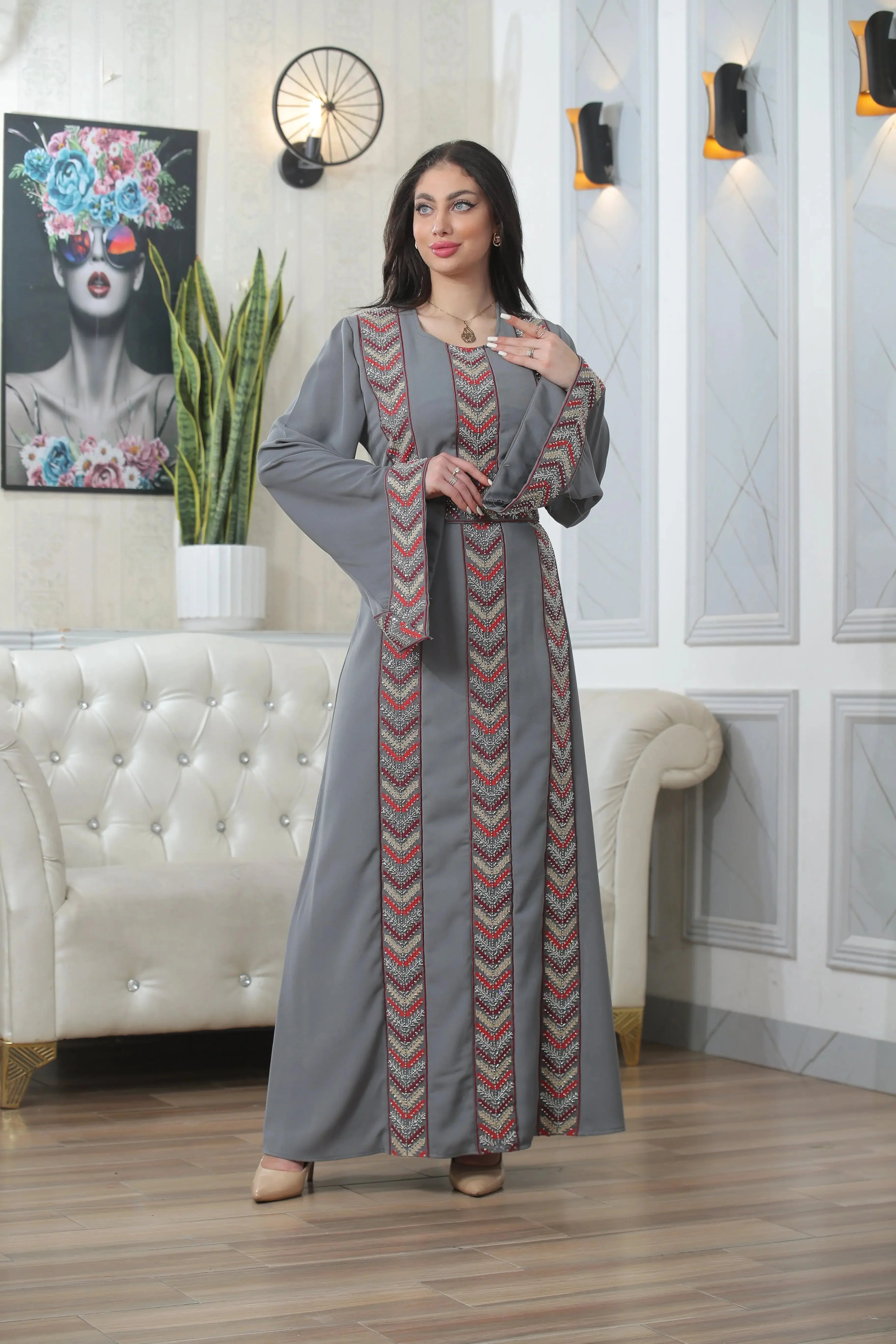 Palestinian Elegance Seham Embroidered Beads Thoub in gray with traditional red and gold embroidery