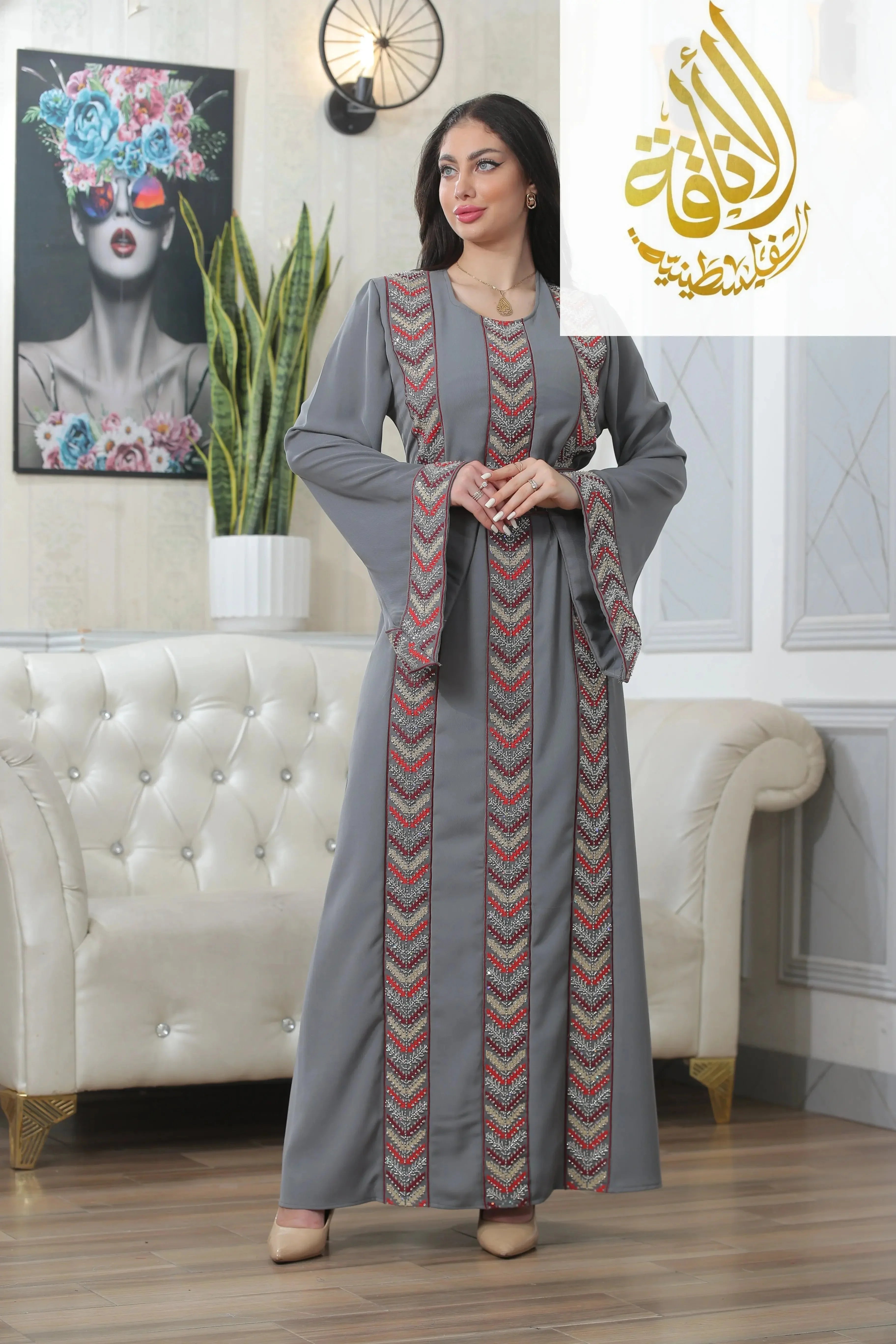 Palestinian Elegance beaded thobe dress for women in gray with intricate embroidered patterns simple