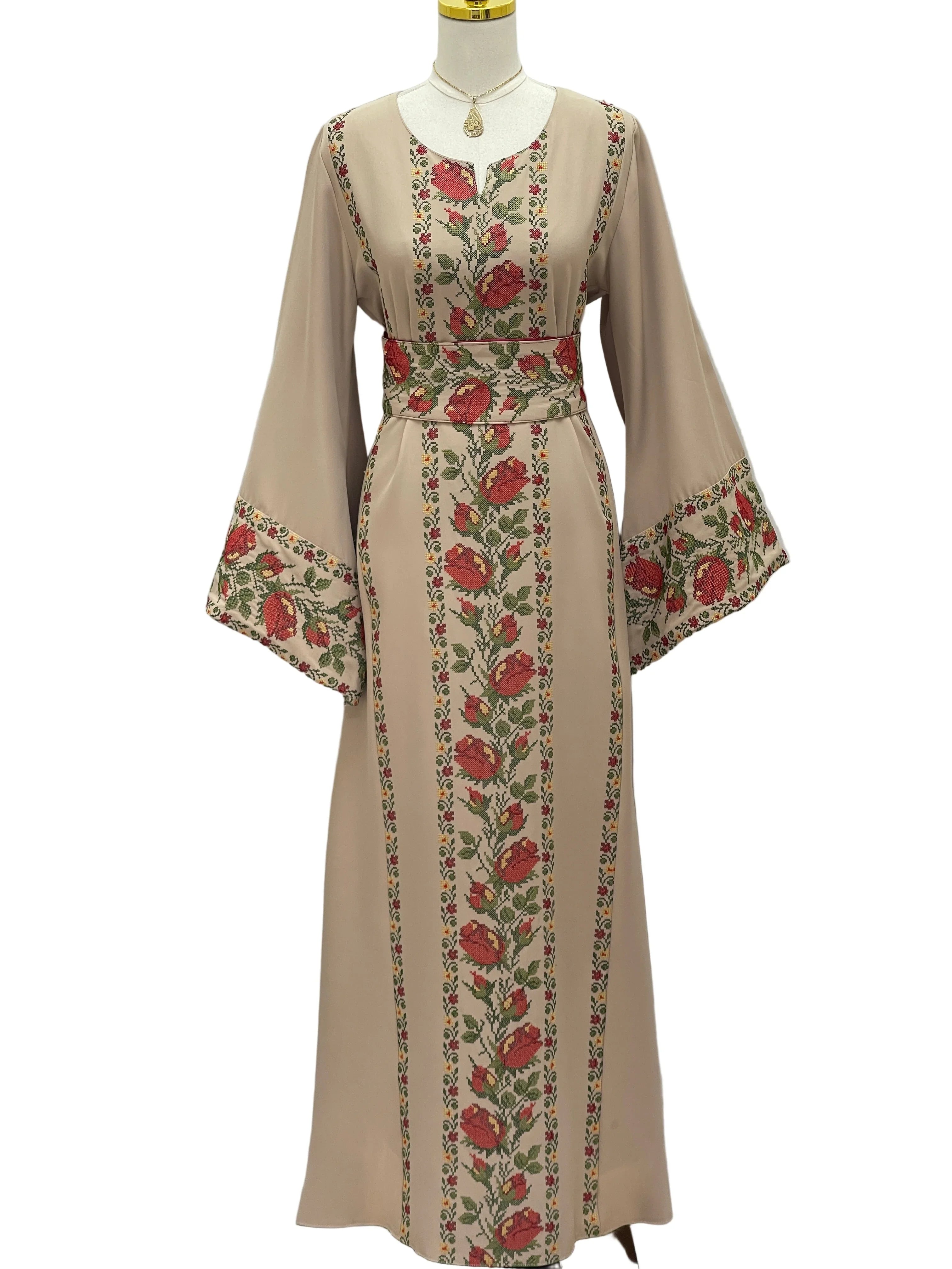 Shaqaeq Embroidered Thobe in beige with floral embroidery and bell sleeves for elegant occasions