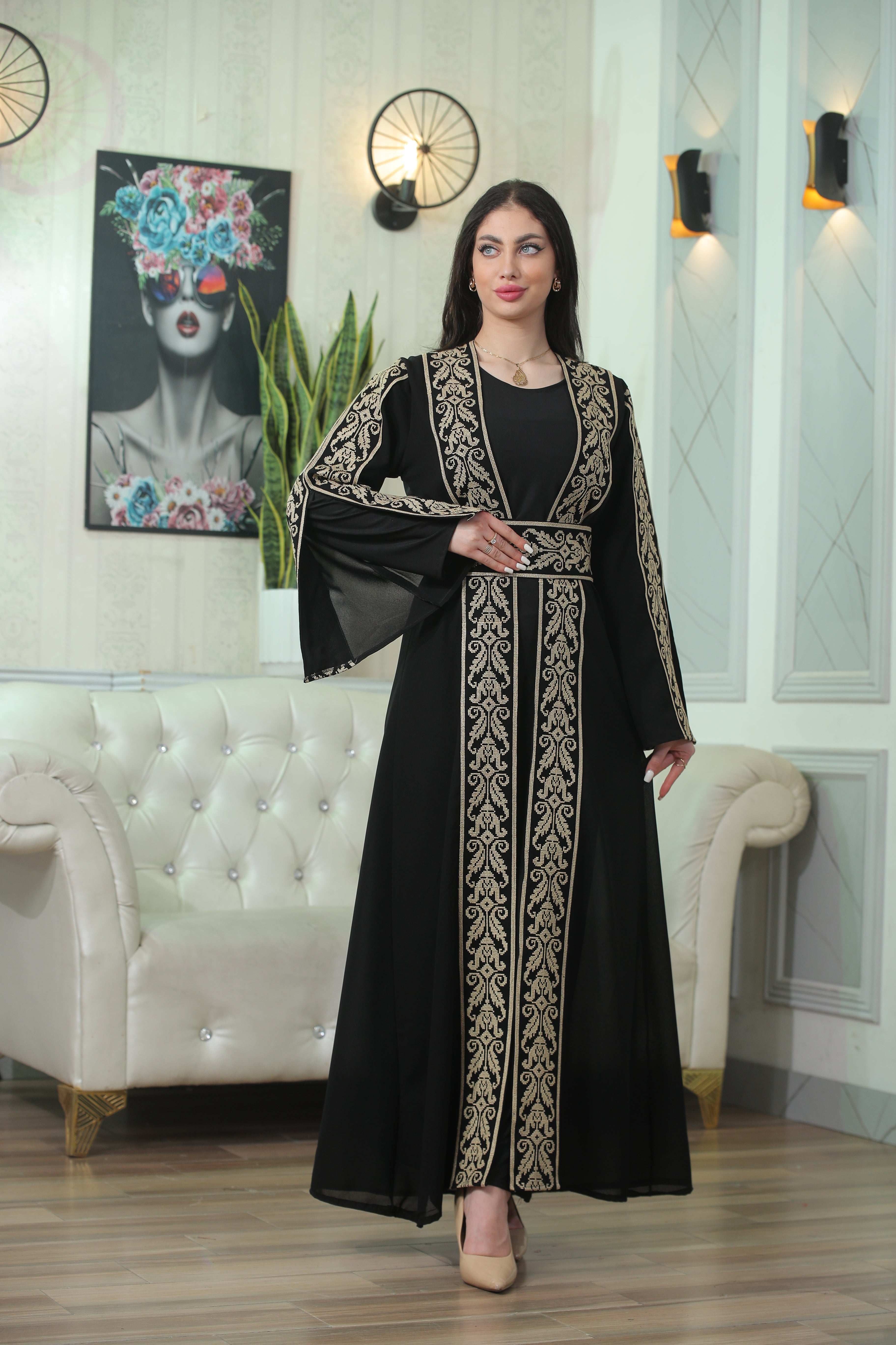 Palestinian Elegance Shereen Embroidered Bisht Abaya in black with intricate gold embroidery and matching belt