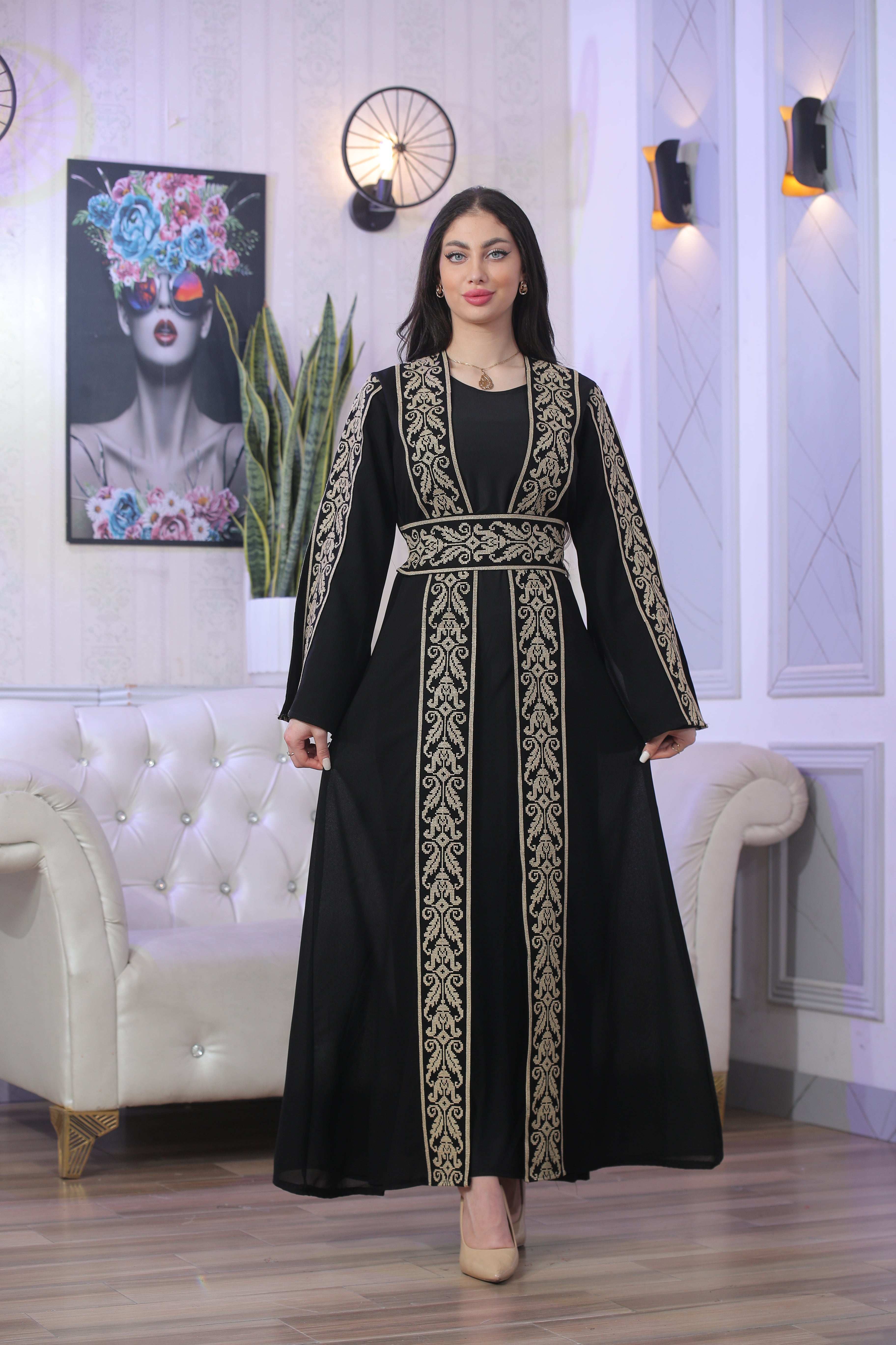 Palestinian Elegance Shereen Embroidered Bisht Abaya black thoub with intricate gold embroidery and long sleeves