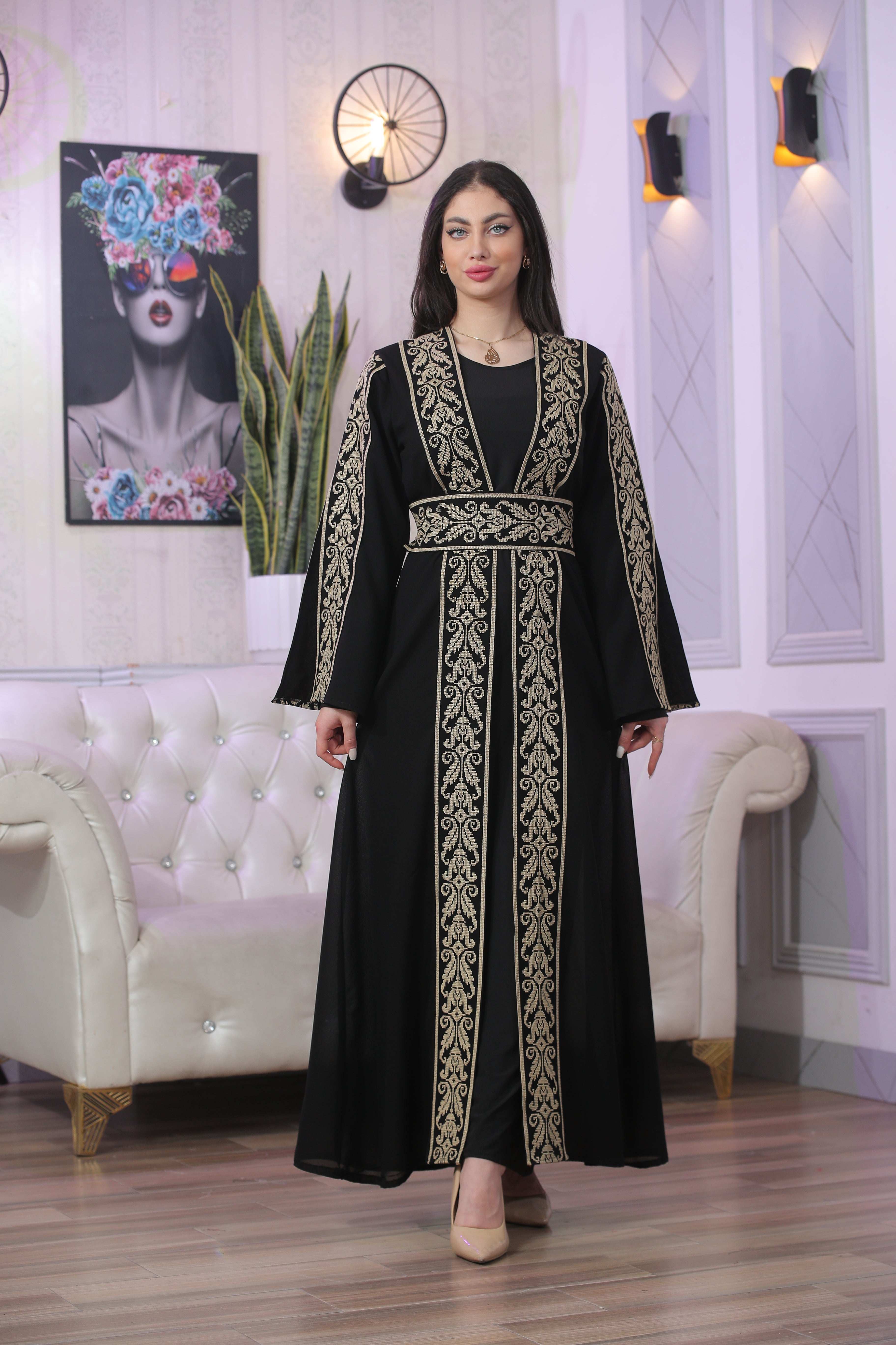 Palestinian Elegance Shereen Embroidered Bisht Abaya black thoub with intricate gold embroidery and wide sleeves