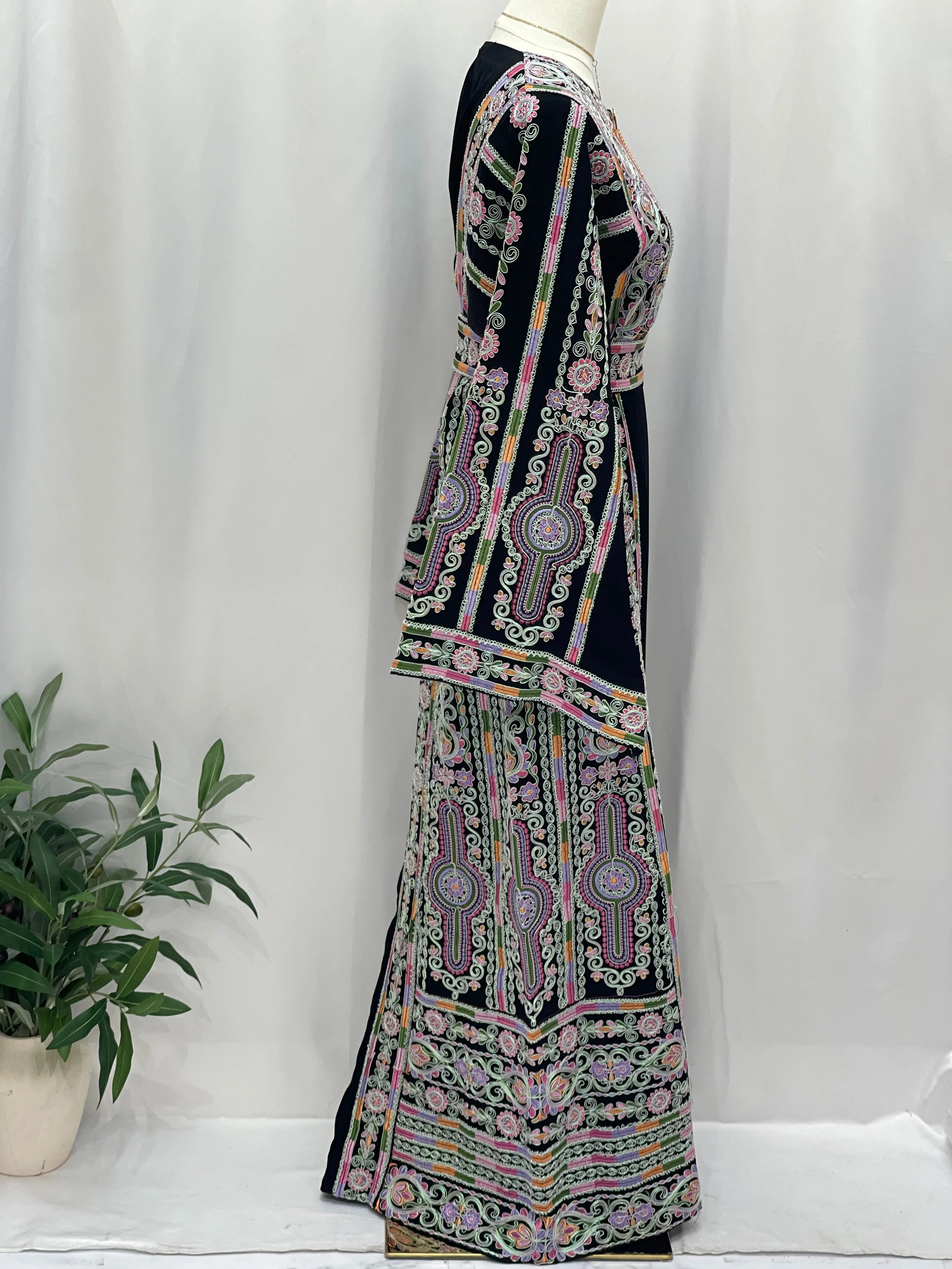Palestinian Elegance Silver Piping Embroidered Thobe navy floor length with multicolor embroidery side view mannequin
