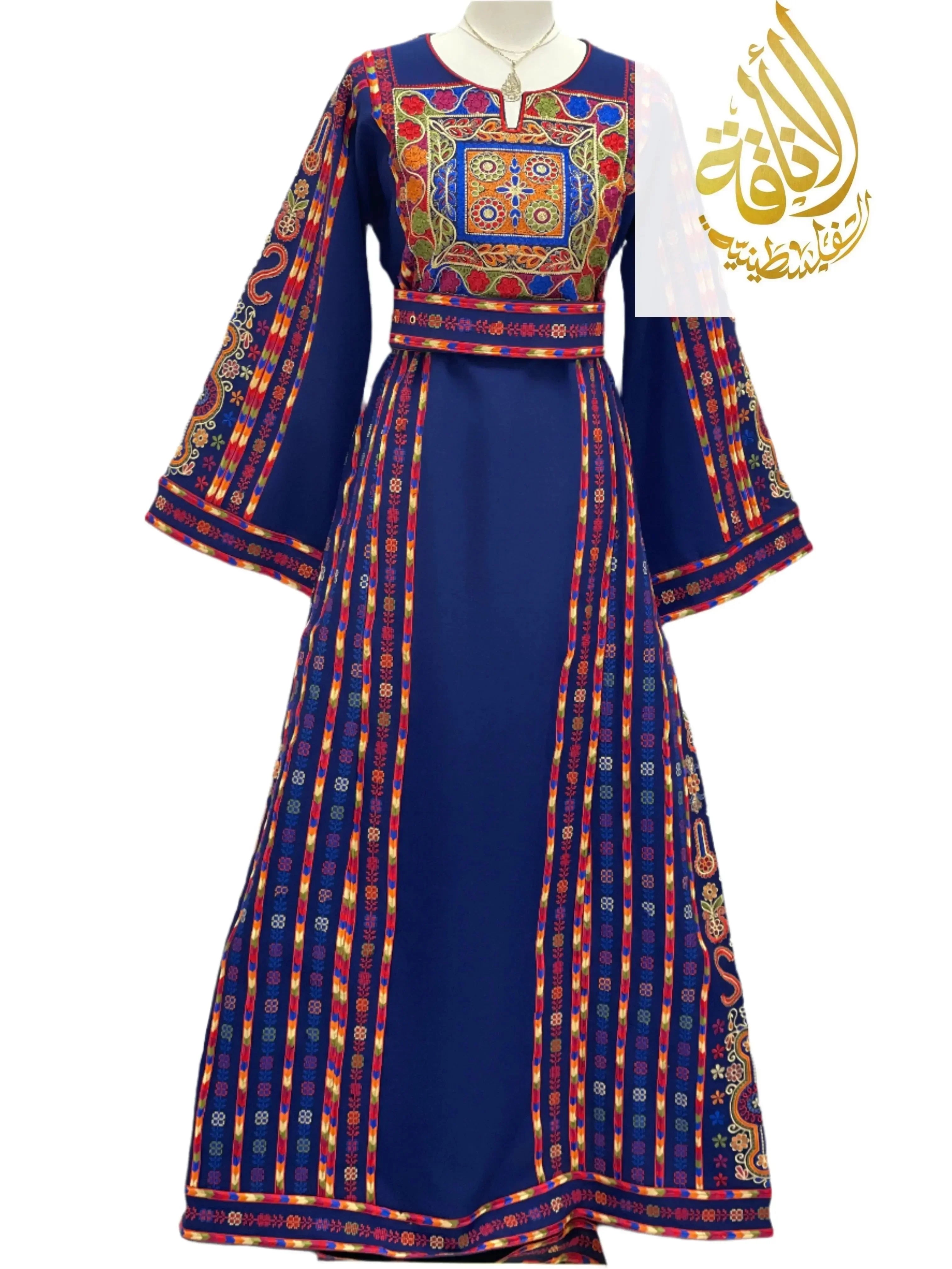 Blue embroidered Palestinian dress with colorful traditional patterns and long sleeves by Palestinian Elegance