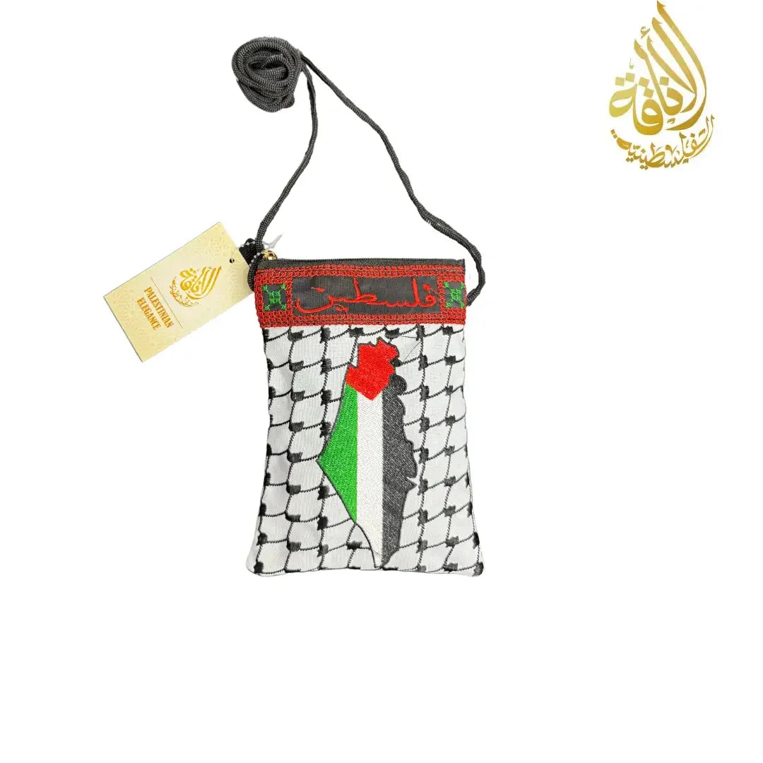 Embroidered Palestinian tote bag with traditional patterns and map design by Palestinian Elegance