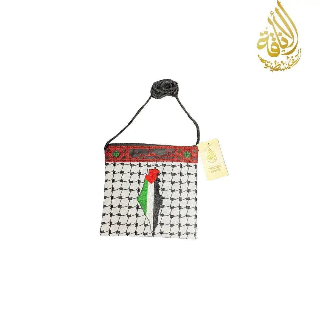 Embroidered Palestinian tote bag with traditional black and white pattern and colored map design