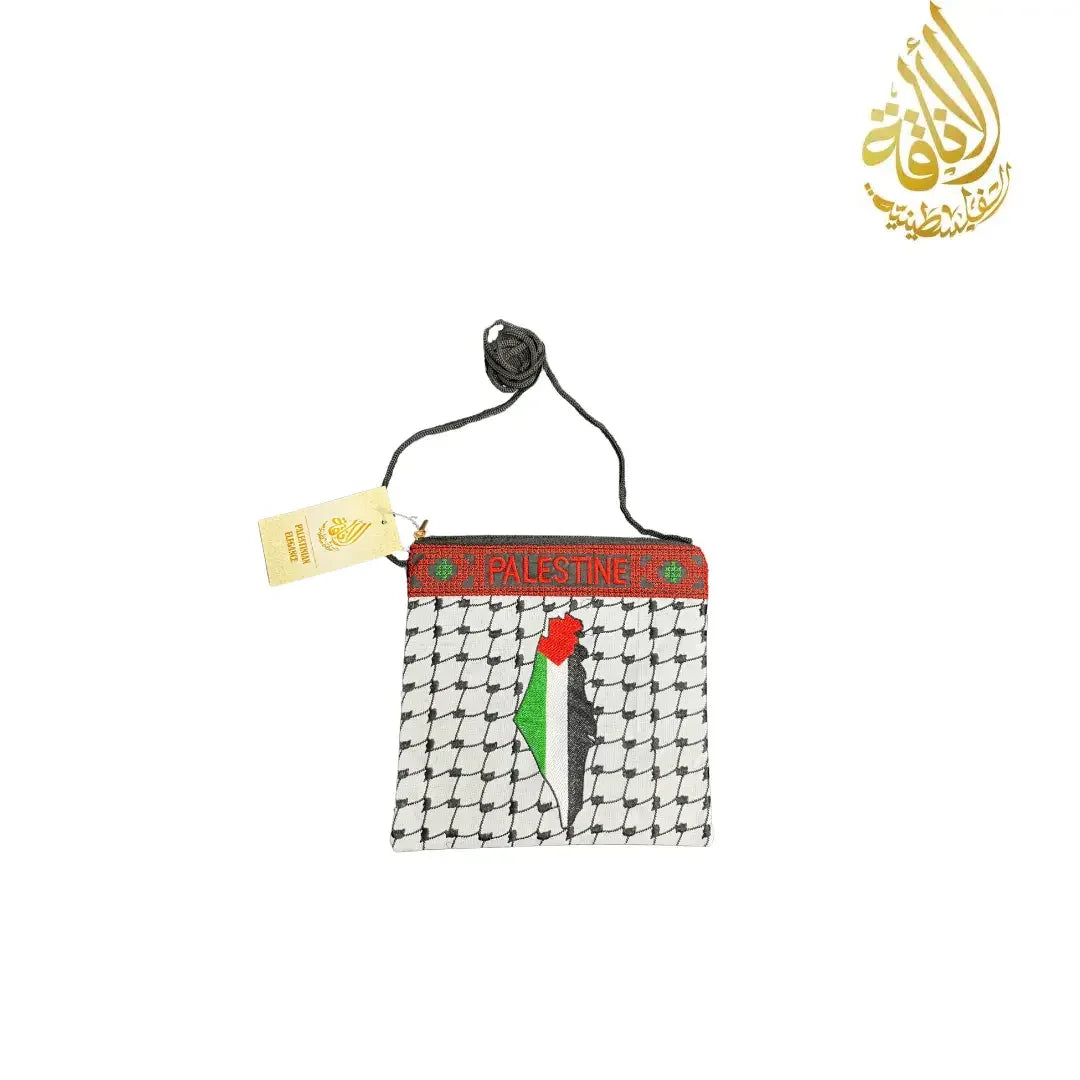 Embroidered Palestinian tote bag with traditional black and white pattern and map design from Palestinian Elegance