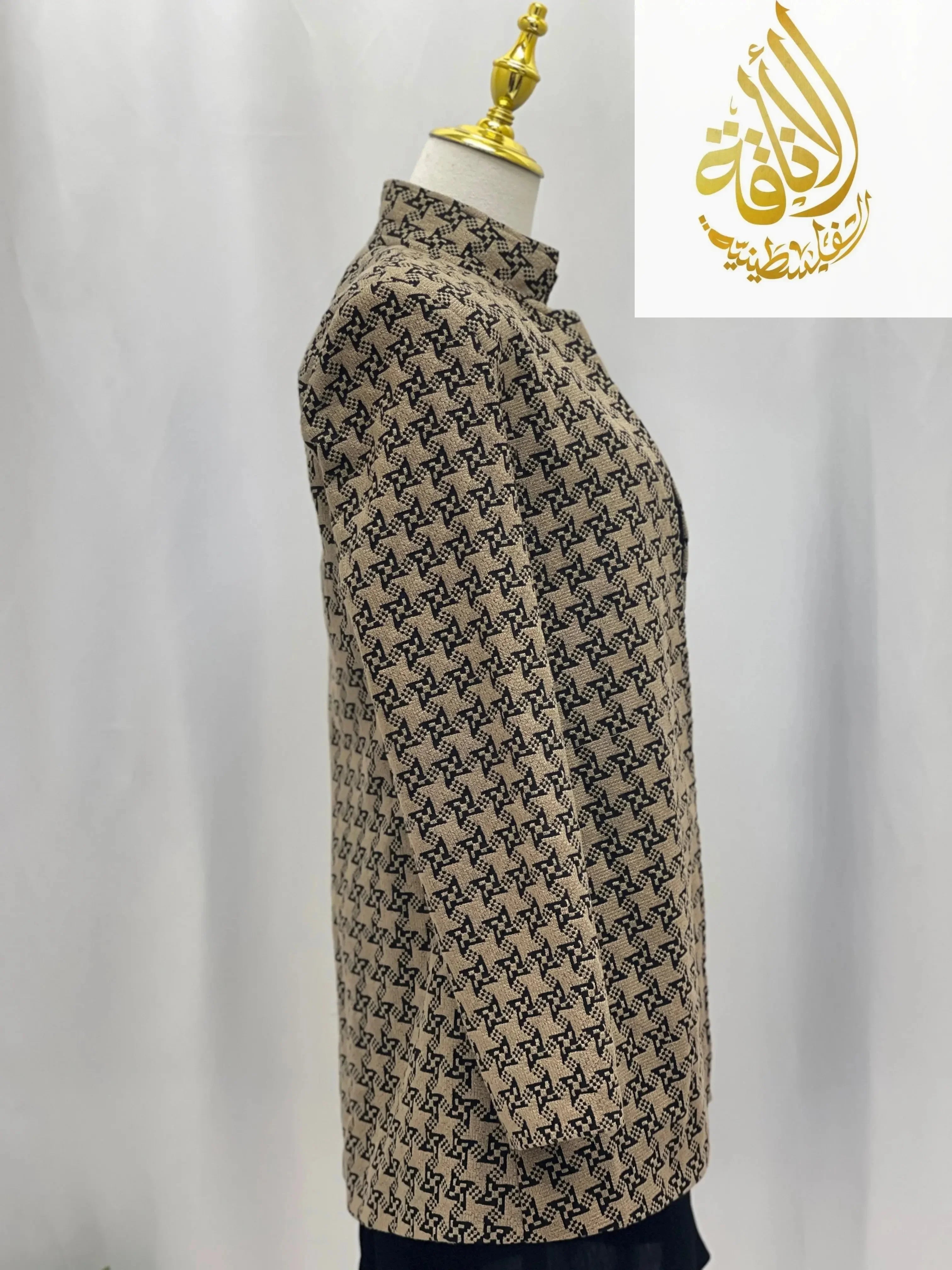 Side view of embroidered Palestinian blazer with detailed geometric pattern by Palestinian Elegance