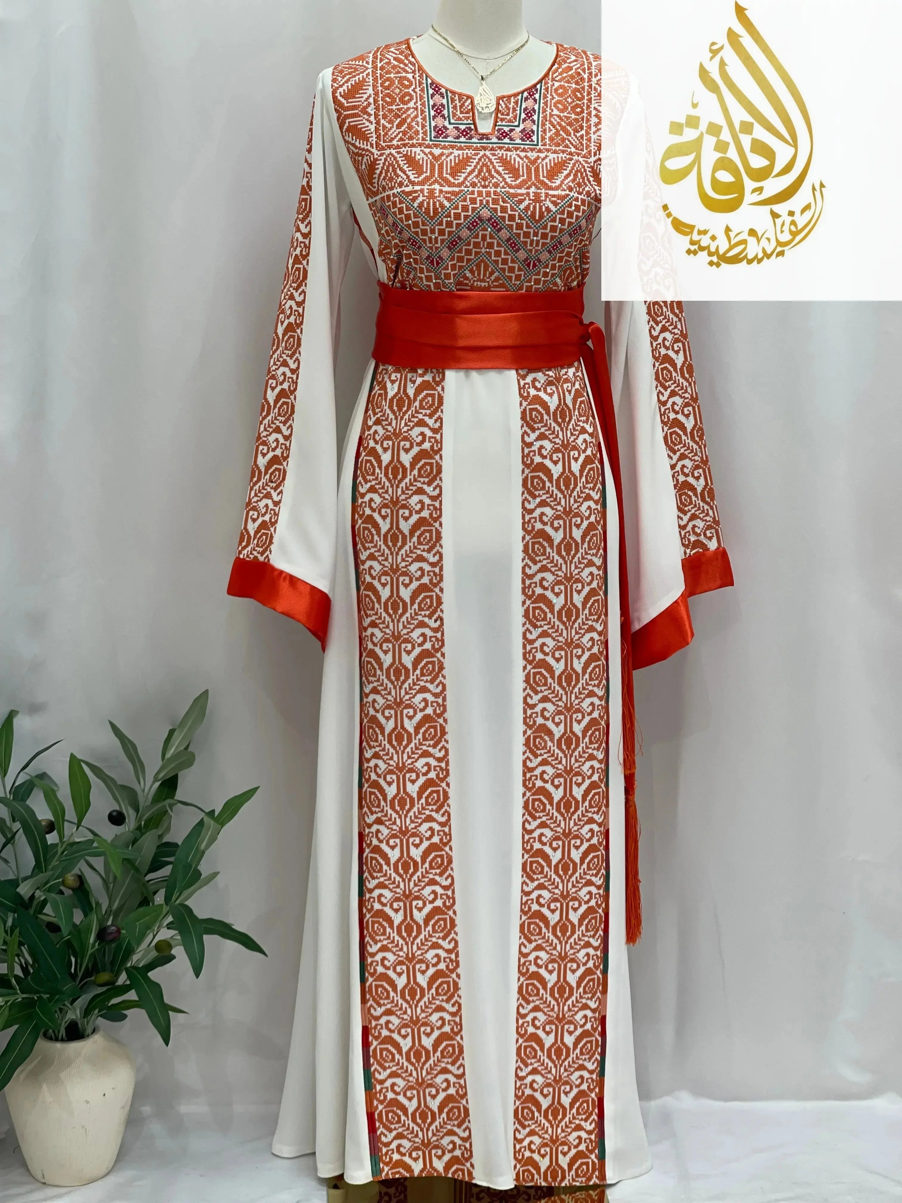 Sunset Ember Embroidered Thoub – Traditional Silhouette, Modern Elegance - Palestinian Elegance