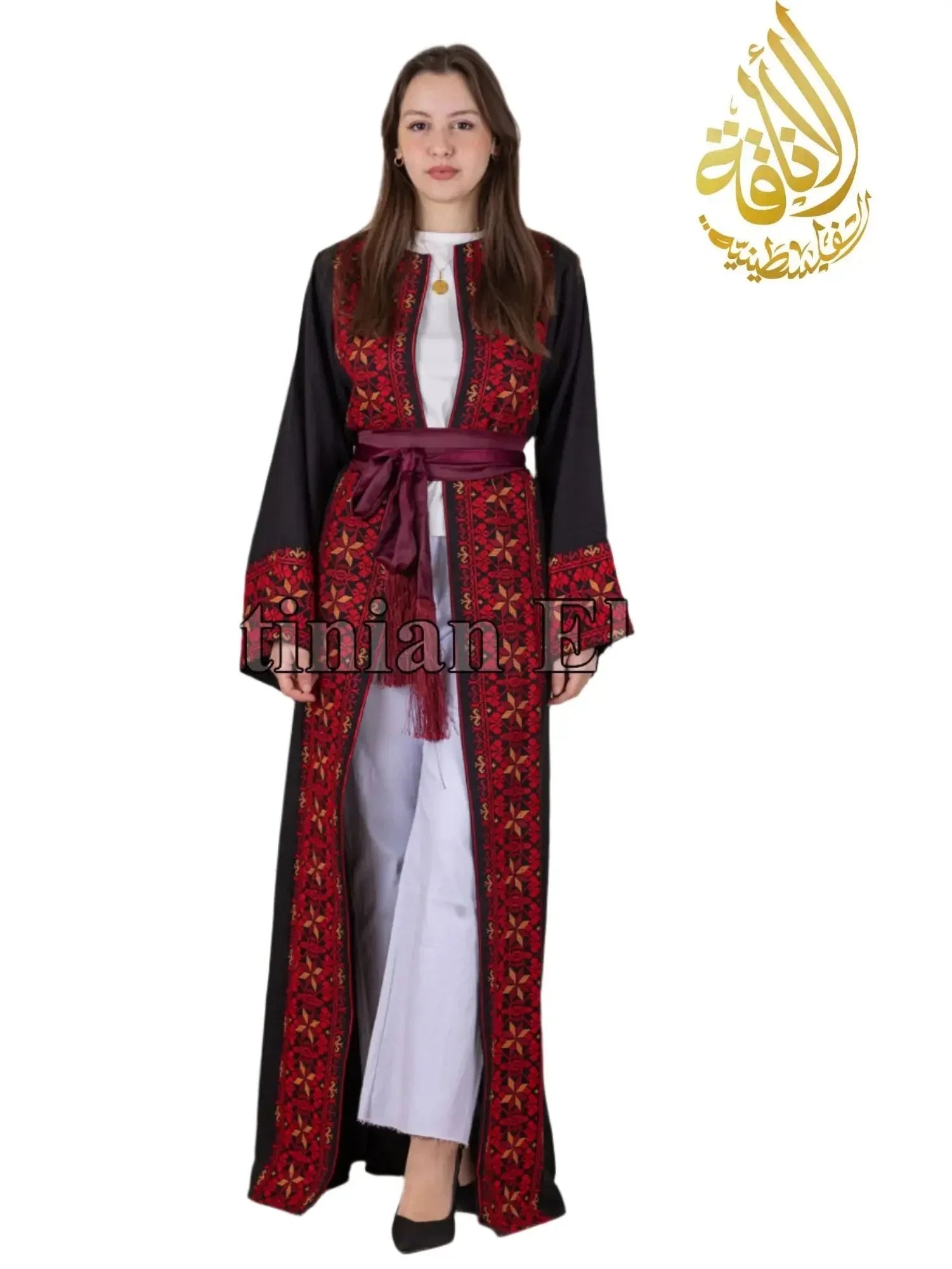 Palestinian Elegance Thoub with Tahreer Embroidery Bisht detailed red patterns and maroon belt