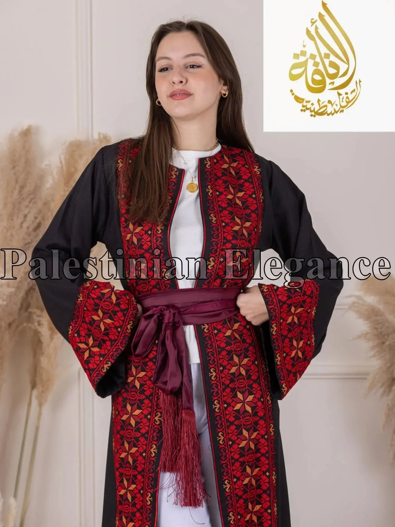 Palestinian Elegance Thoub with detailed red and black Tahreer Embroidery Bisht on sleeves and front