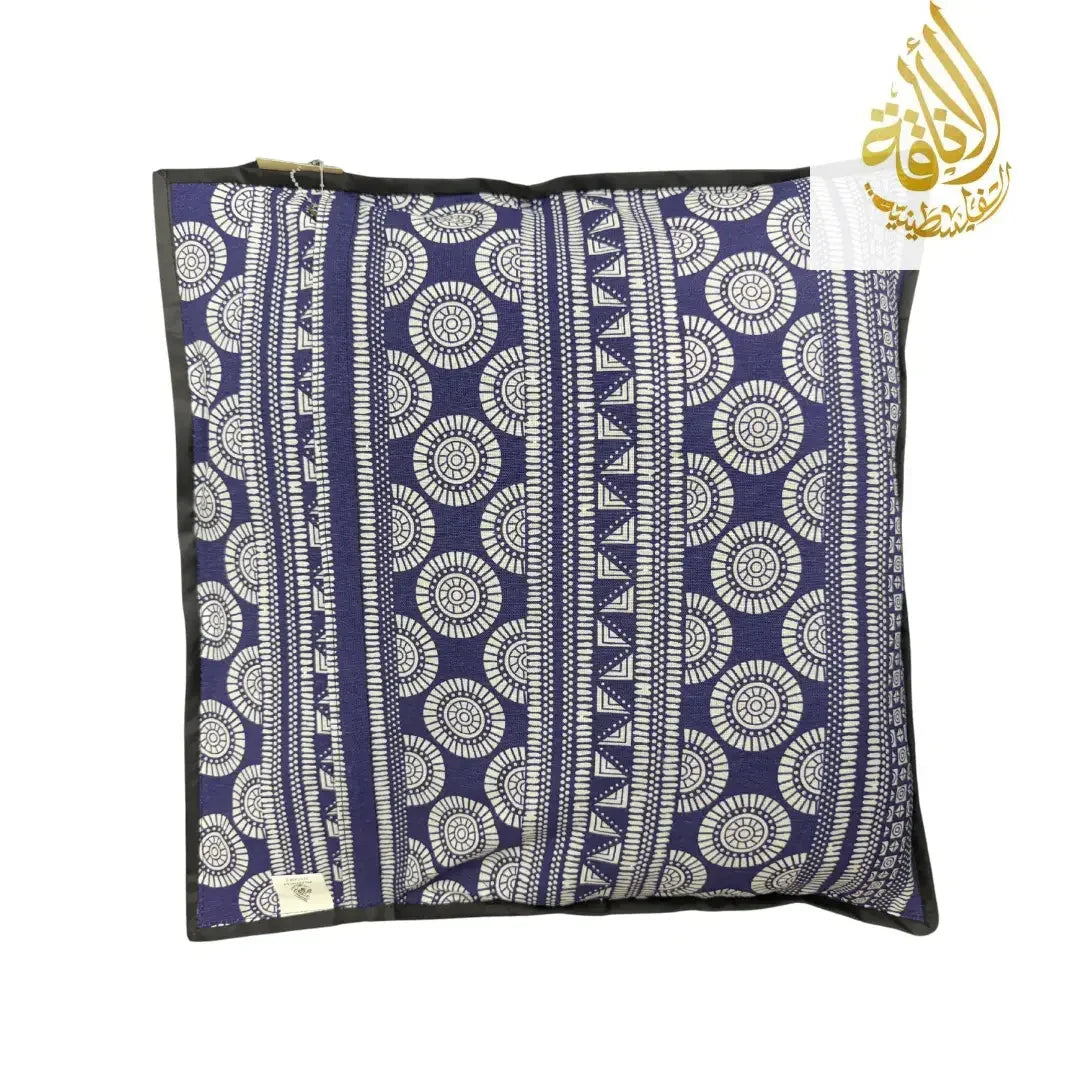 Palestinian Elegance tatreez pillow cover with traditional geometric embroidery in blue and white