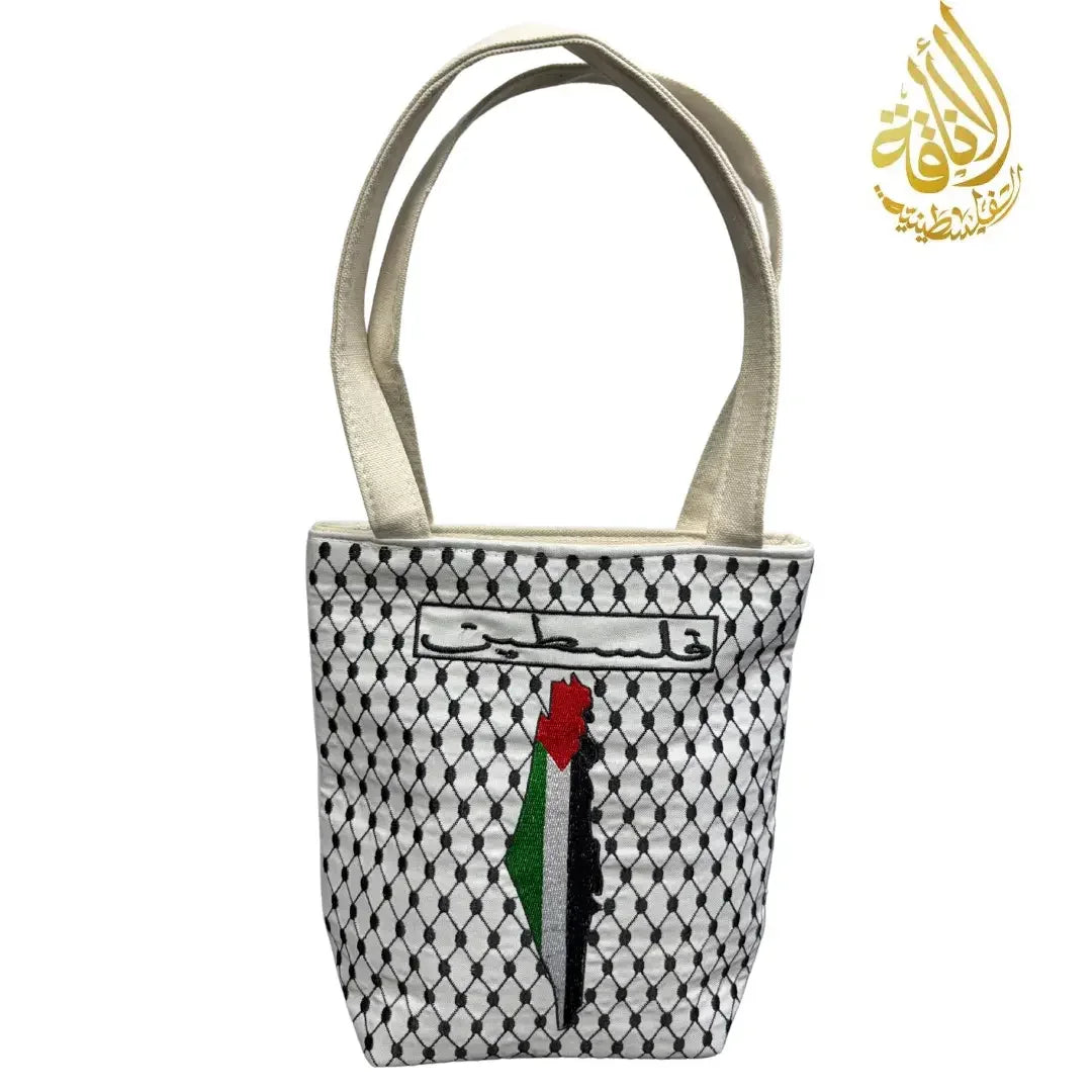 Palestinian embroidered tote bag with traditional black and white pattern and colorful map design